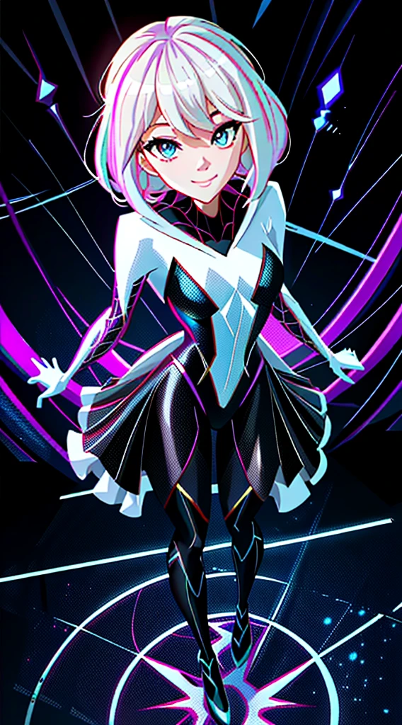 Gwendolyn Stacy from into the spiderverse, in the style of into the spiderverse movie, stood up, looking at the camera, pitch black background, OLED wallpaper, white suit, smiling