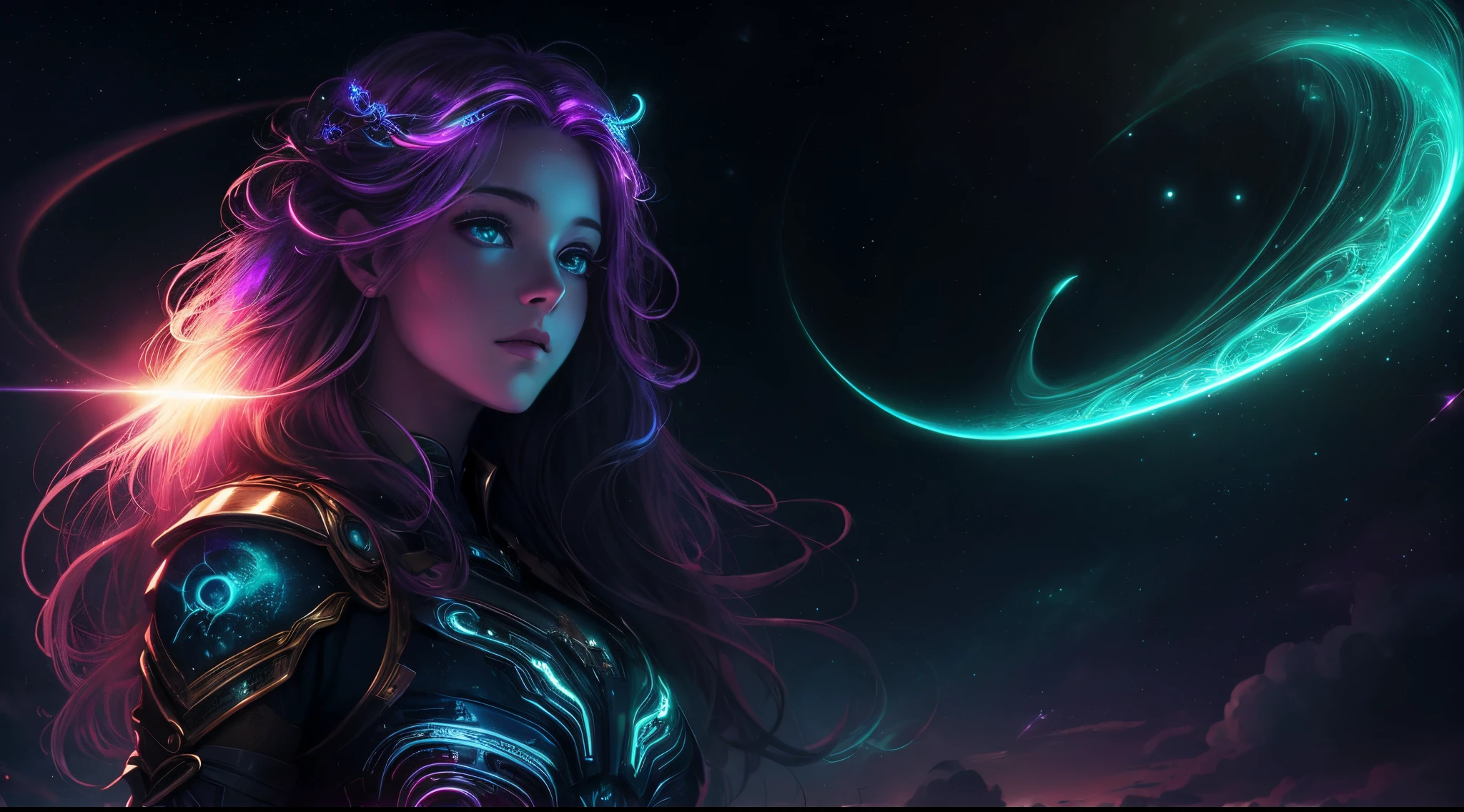 ((best quality)), ((masterpiece)), ((realistic)), portrait, 1girl, celestial, deity, goddess, light particles, halo, looking at viewer, (bioluminescent:0.95) flame, bioluminescence, phoenix, Vibrant, Colorful, Color, (Glow, Glow), (Beautiful Composition), Cinematic Lights, Intricate, (Symmetry: 0.5), Whimsical, Alien Planet, purple