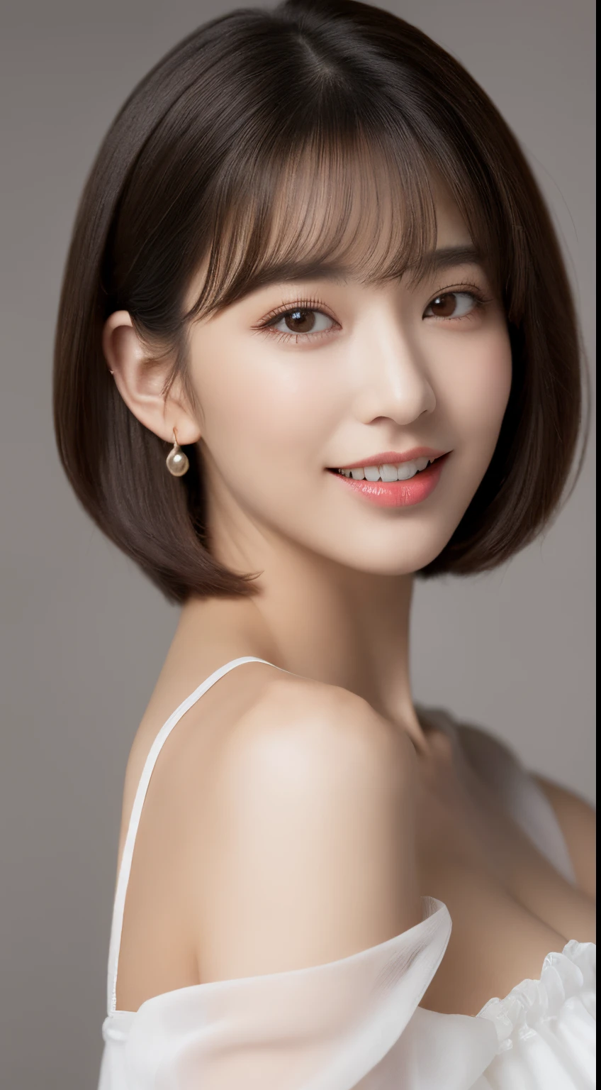((masterpiece, highest quality, High resolution)), 1 girl, (Realistic: 1.4), alone, White Background, snow-White Background, Mouth closed, Smile, Beautiful black hair, short hair, Big eyes, Transparent double eyelids, eyelash, Listen carefully, Absolute area, ((Face close-up)), (Draw the whole head, shoulder), 30 years old, Attractive proportions, Glowing Skin, Beautiful collarbone, A face of golden proportions, Perfect Face, Teardrop-shaped moles, Mole on chest, bangs, clean bangs, beautiful bangs, Lip gloss, Thin lips, Pale skin, naked, Small breasts, Small face, All the heads are painted, shoulder all drawn,Woman in sexy white underwear、