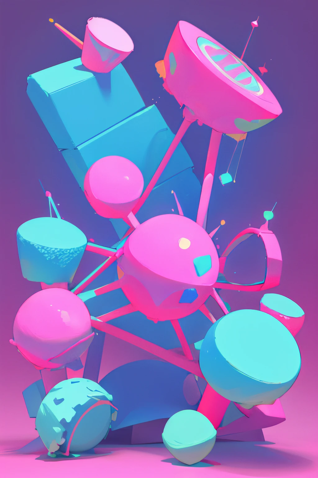 make a 3d background with various 3d objects in pink and blue, yellow...using pink predominantly....neon