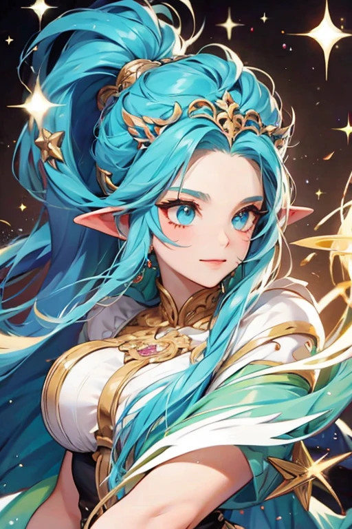 highres, highest quallity, illustration, cinematic light, ultra detailed, detailed face, (detailed eyes), best quality, hyper detailed, masterpiece, (detailed face),1girl,girl, highest details, luminous eyes, elf, wizard staff, magic, full body shot, fancy robes, starry eyes, backlighting, light rays, (high contrast), (colorful)