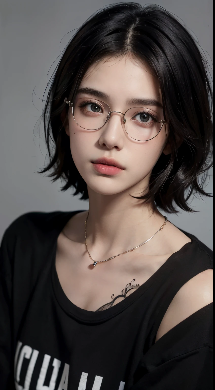 masterpiece, best quality, realistic, highly detailed, 1girl, solo, cowboy shot, different eyes color, glasses, short hair, black hair, medium breast, stylish T-shirt, Lips pierced, tatto on neck, beautiful girl, A tomboy face, Flat face without expression, detail eyes, detail hair, perfect lighting