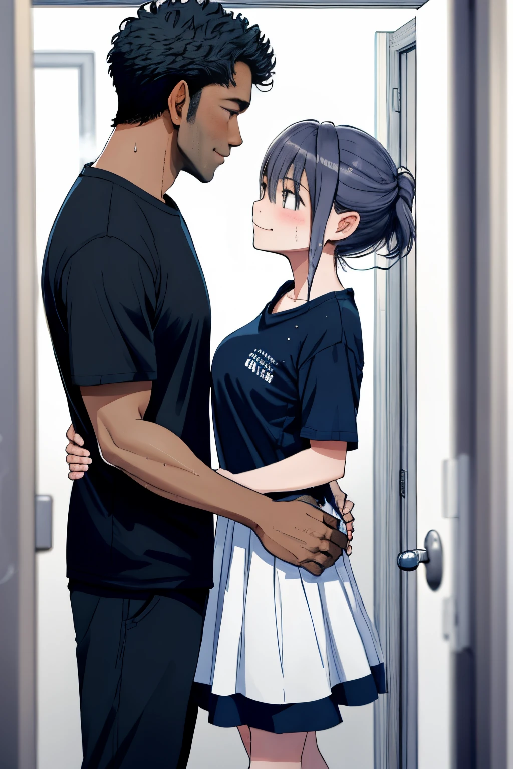 1boy,1girl in、Complete human body、​masterpiece, top-quality, hight resolution, 1 girl&#39;room with at、peephole door, Open the door, doorways、beautiful  Girl、cute little、Plain white wet oversized loose T-shirt、((Sweat,steam,Lower grade)),Intense sex between a girl and a sneaky faceless macho guy, tall dark-skinned man、the man grins、man with alcohol、Standing Back、!,  & missionaries 、 puppy style