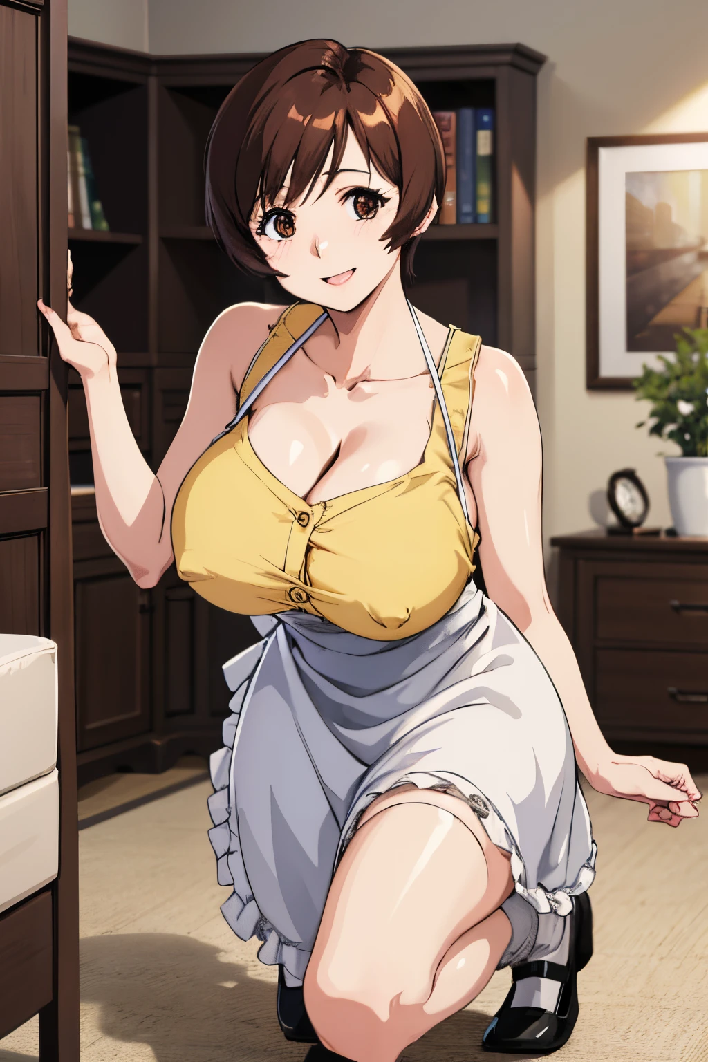 high-level image quality、hightquality、Masterpiece、4k,8k,etsukoto, yellow dress, sleeveless dress, apron, white socks, mary janes,gigantic breasts,happy smile,living room