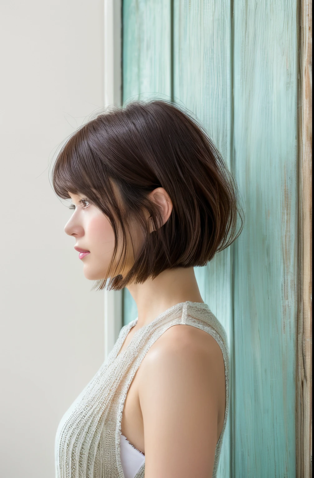 8K、(RAW Photography)、(top-quality)、(Photorealsitic:1.4)Realistic to the touch Realistic、(4K high image quality:1.2)、(High resolution, masutepiece, of the highest quality, high detailing, Official: 1.4), (Realistic: 1.2, hyper realisitic: 1.1, Photorealistic: 1.37), depth of fields, (Detailed description of hair), (Detailed description of face),Detailed details,、hight resolution、hightquality、mix4,(top-quality), (Photorealsitic),(Shabby white door background:1.2), 1womanl, The upper part of the body, High Detail Face, (Dark brown hair)、 (8K)、Less bangs、(shorth hair:1.3)、(Bery short hair:1.6)、Delicate and realistic skin and hair、Less hair、adultlike face、Facing to the side、(Clothing that covers the shoulders:1.5)、(Winter clothes:1.5)、(Beautiful profile:1.3)、model poses、Twisting the body、Beautiful body lines、(mode:1.8)Chilly Winter、Cool、(Outwardly curled bristles:1.5)、Shot in natural light、Random Poses、Other shots