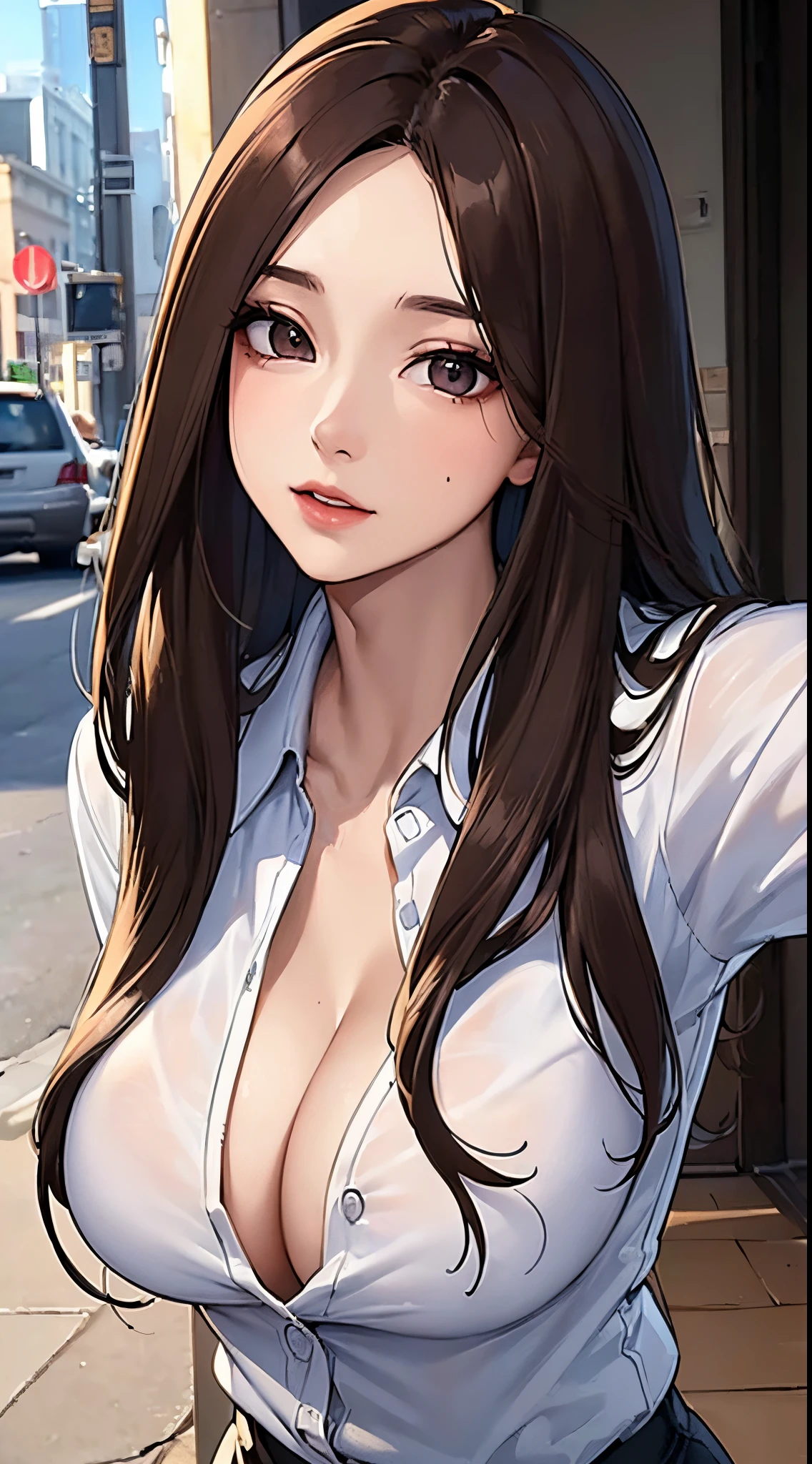 ((Best quality, 8k, Masterpiece :1.3)), Sharp focus :1.2, A pretty woman with perfect figure :1.4, Slender abs :1.2, ((Dark brown hair, Big breasts :1.2)), (White button up long shirt :1.1), City street:1.2, Highly detailed face and skin texture, Detailed eyes, Double eyelid