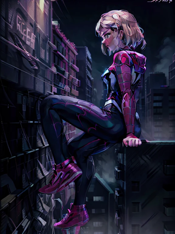 Crear una imagen de Spider-Man Gwen (female spider) en lo alto de un imponente edificio, with a lower camera angle for greater impact