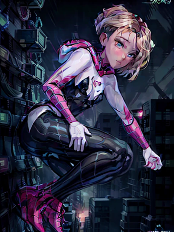 Crear una imagen de Spider-Man Gwen (female spider) en lo alto de un imponente edificio, with a lower camera angle for greater impact