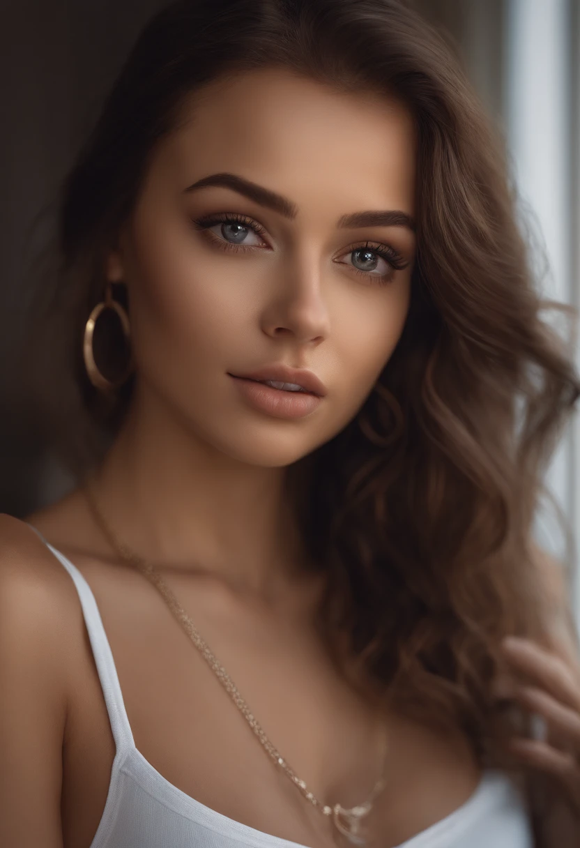 arafed woman with a white tank top and a necklace, sexy girl with light brown, sophie mudd, brown hair and large eyes, super realistic, 4k, selfie of a young woman, bedroom eyes, violet myers, natural makeup, looking directly at the camera, face with artgram, subtle makeup, cute girl, sexy pose, brunette goddess, high detail, full body shot, full body, walking on sidewalk, populated location, busy downtown