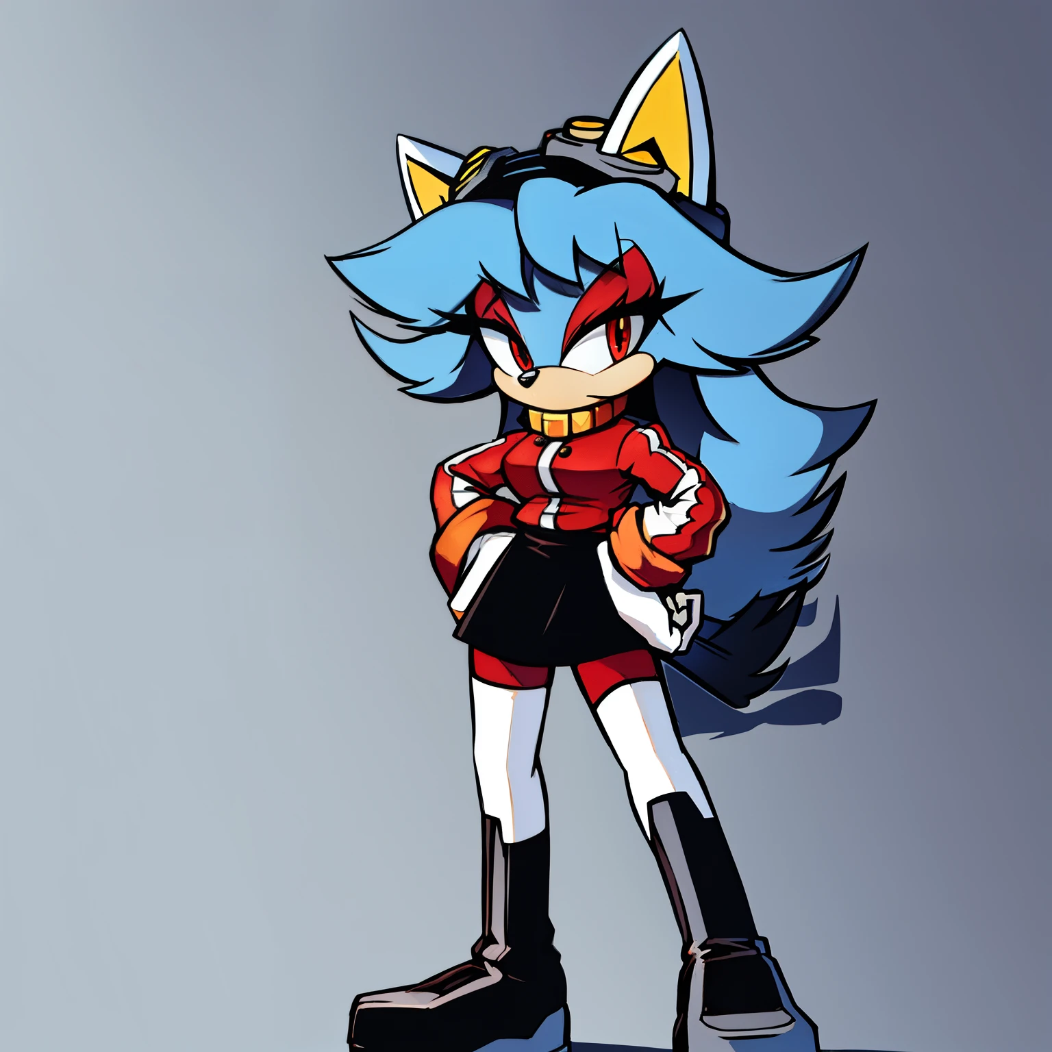 ((1girl)), ((solo)), female, mobian, fox, grayish white fur, furry, standing with crossed legs, one hand on hip, eggmaam outfit, eggmaam cosplay, skirt, thighhighs, gloves, red jacket, black thighhighs, white gloves, black skirt, goggles, ((long grayish white hair)), ((long hair)), ((hair over shoulders)), red eyes, cat like muzzle, hair bangs, red eyes, blank expression, looking at viewer, (background: cartoon futuristic laboratory), (best quality)