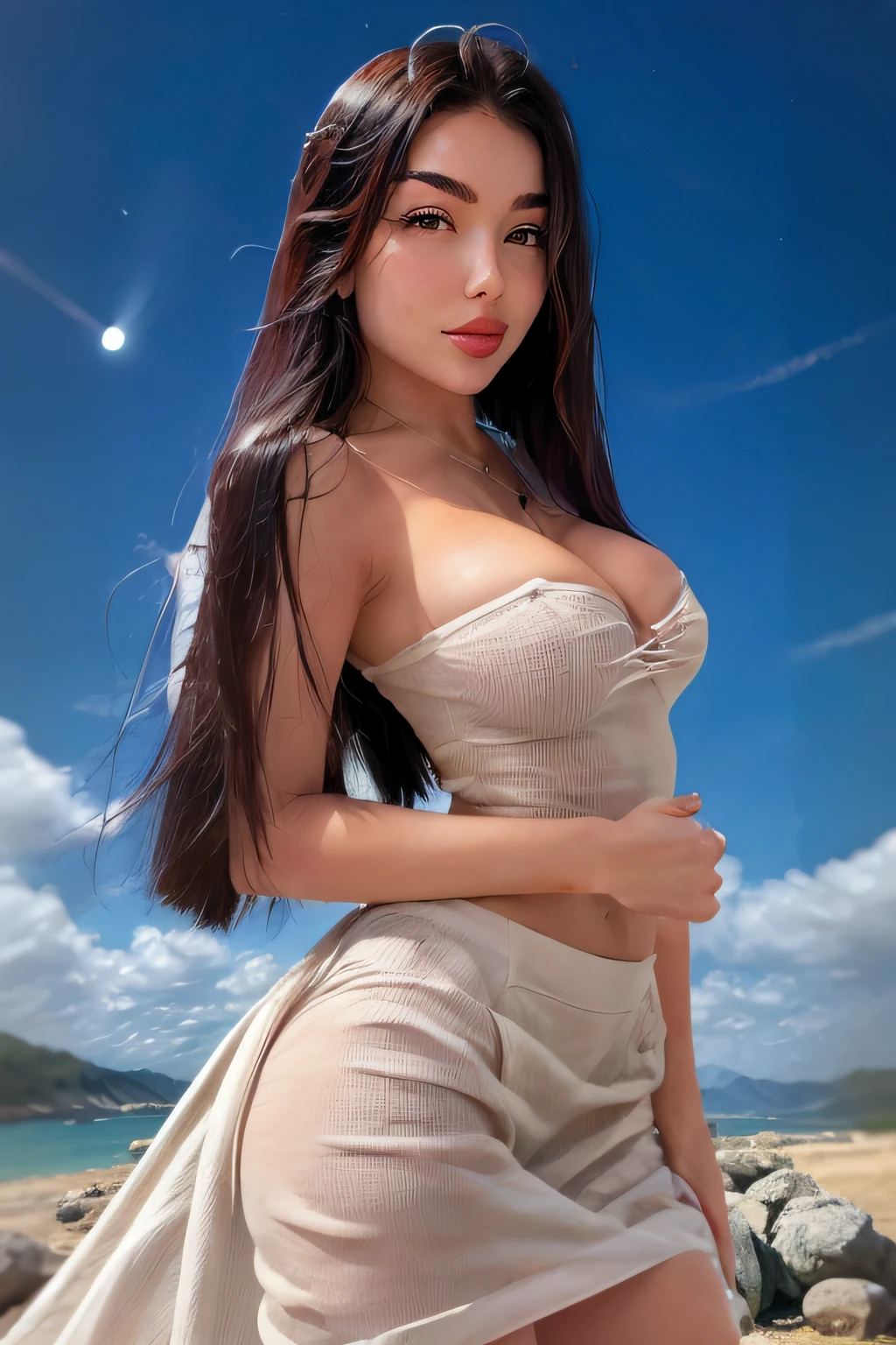 martskayaya, ((((Estilo ultra ilustrado:1.0)))),La mejor calidad,best animated,Obra maestra,Trazado de rayos, global ilumination,Gancho delantero, Abrir bien,1girl, solamente, En pie, Mirando al espectador, Parte superior del cuerpo,al aire libre,sujetador blanco