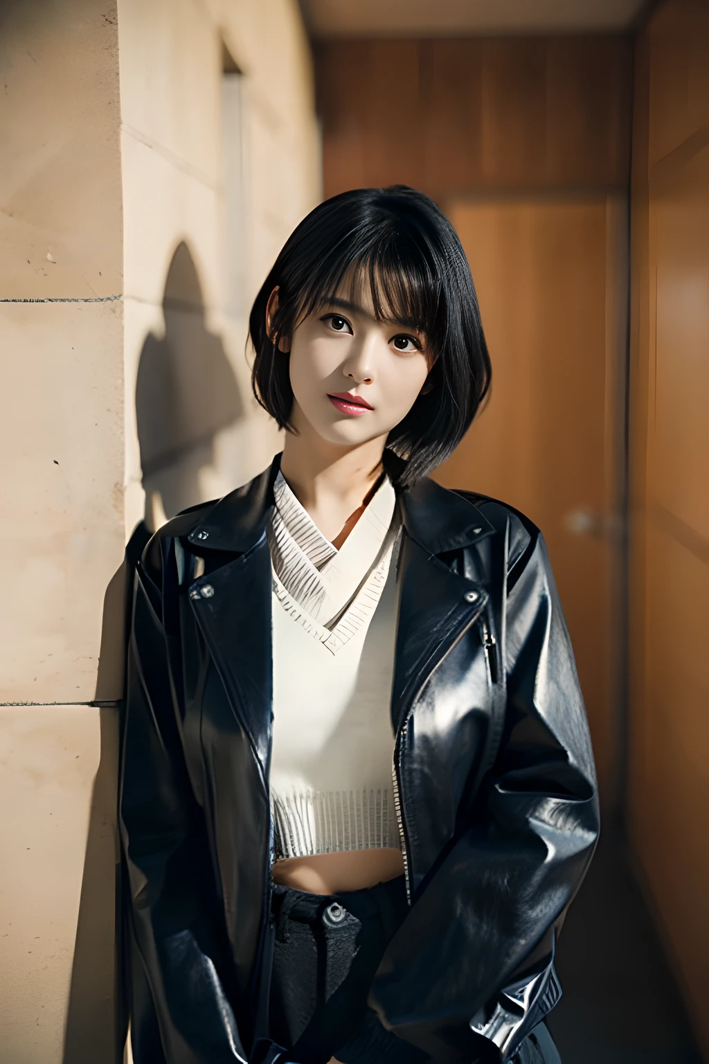 A woman in a black leather jacket holds a black wallet。, a pastel inspired by Fujiwara Takanobu, Tumbler, shin hanga, Ayaka, Realistic Young Gravure Idol, Young Sensual Gravure Idol, Young Pretty Gravure Idol, chiho, Young Gravure Idol, Ayami Kojima Amano, sophisticated gravure idol, Ayaka Cosplay