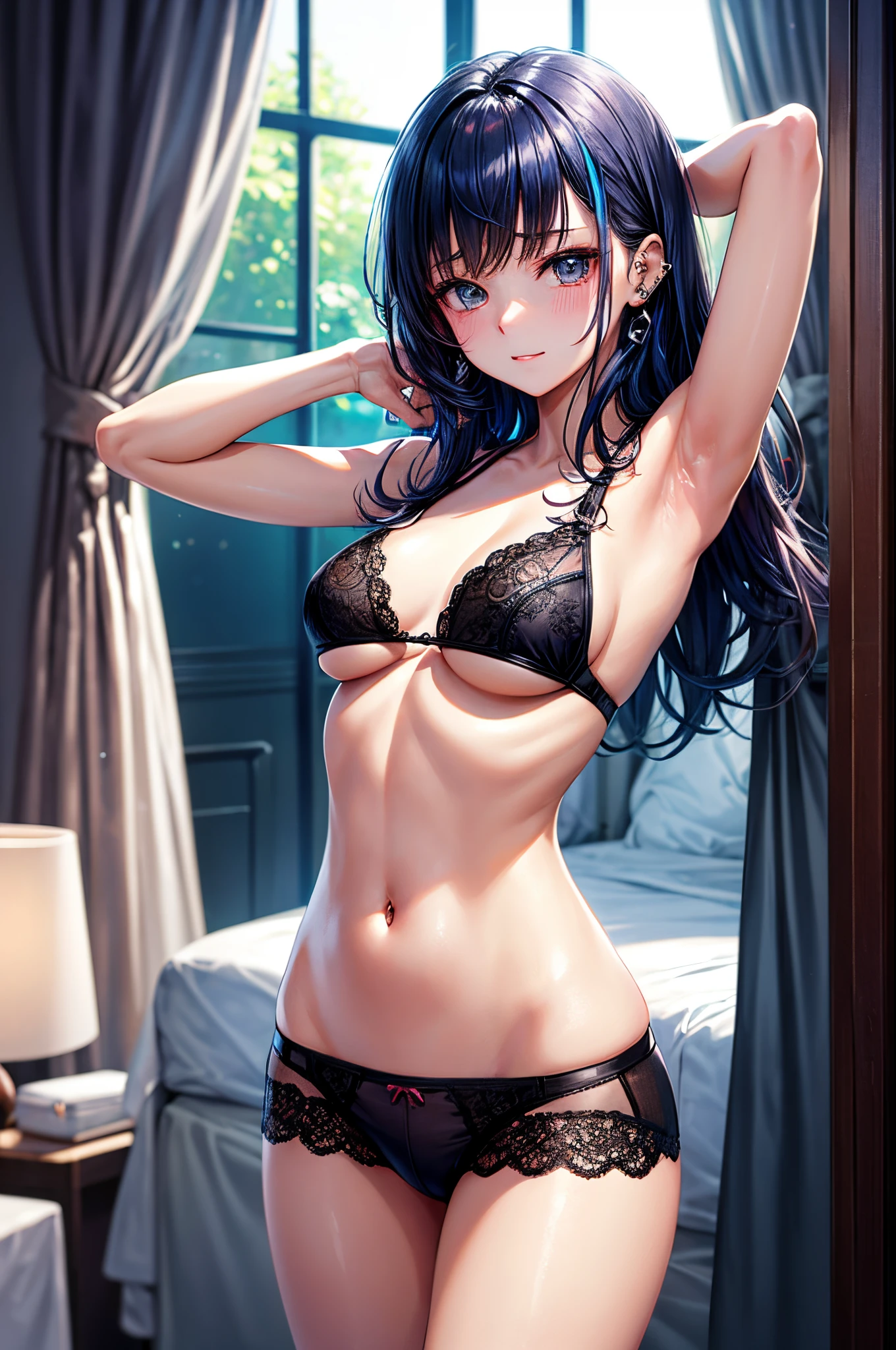 realisitic、top-quality、女の子 1 人、、Colorful Hair Color、piercings、embarassed face、Fancy underwear、beautiful boob 、selfee、sexypose、Hotel、Particles of light、profetional lighting