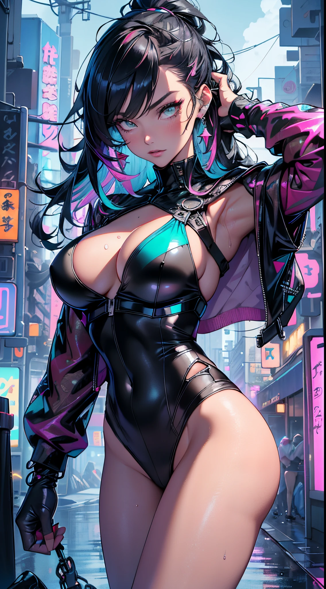 sporty girl with Asian features,(((1girl))),((girl with dark hair and turquoise highlights)),((asian girl,Japanese woman)),
(large breasts:1.4),saggy breasts,(((Black hair with turquoise streaks:1.35,straight hair,long hair:1.4,colored inner hair,ear breathing))),((heterochromia:1.5, (pink_eye and aqua_eye))),((fat)),(((lustrous skin:1.5,bright skin: 1.5,skin tanned,shiny skin,very shiny skin,shiny body,plastic glitter skin,exaggerated shiny skin,illuminated skin, wet legs))),(spider lower abdomen,narrow waist,wide hip,athletic body,inflated legs,detailed body,(detailed face)),
cute,slutty,seductive,erotic,((nsfw)),
zettai ryouiki,((two-piece swimsuit magenta,wearing a bikini outfit:1.3,sport bikini)),(rgb headphones:1.5,cyber gloves:1.5,huge mech-gloves),((wet clothes,intricate outfit,intricate clothes,intricate swimsuit, intricate bikini)),
(dynamic pose:1.0),embarrassed,(centered,scale to fit dimensions,Rule of thirds),
cyberpunk city by the ocean at night, with bright neon signs and dark stormy clouds and puddles, scenery:1.25,nighttime, starry night, cosmos,Very dark night that makes the neon lights stand out, very bright neon lights,nighttime, starry night, cosmos,Very dark night that makes the neon lights stand out, very bright neon lights,
artistic photography,(photography taken by sldr),highres, sharp focus,(ultra detailed, extremely detailed), (photorealistic artwork:1.37),(extremely detailed CG unity 8k wallpaper),((synthwave background theme)),(((vibrant colors))),intricate,(intricate background),(masterpiece),(best quality),perfect rendered face,perfect face details,realistic face,photo realistic,analog style,((intricate detail)),(((realism))),