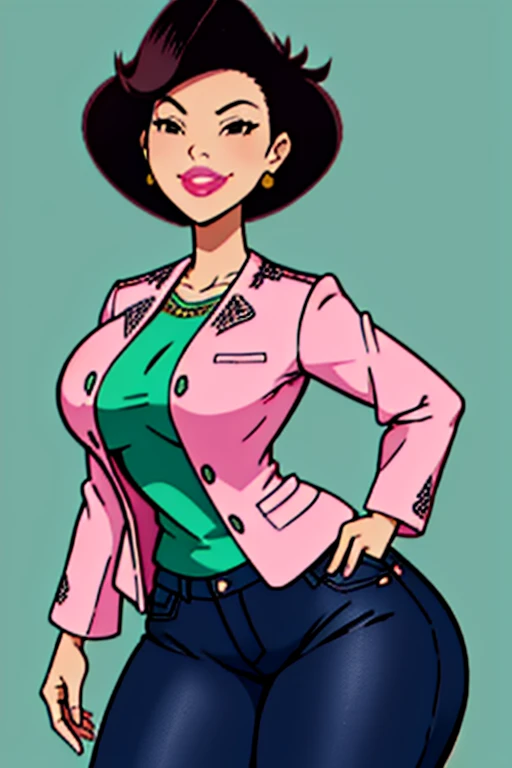 (best quality:1.1) 1girl, photo of susanlongv1, <lora:SusanLong:1.3>, middle aged Asian woman with large saggy breast, curvy body, looking at viewer, pink lips, pink jacket, jeans, standing, simple background, sharp focus, 8k, photo realistic, highly detailed, canon R5, 50mm focal length, f/5.6. (highly detailed skin:1.2),