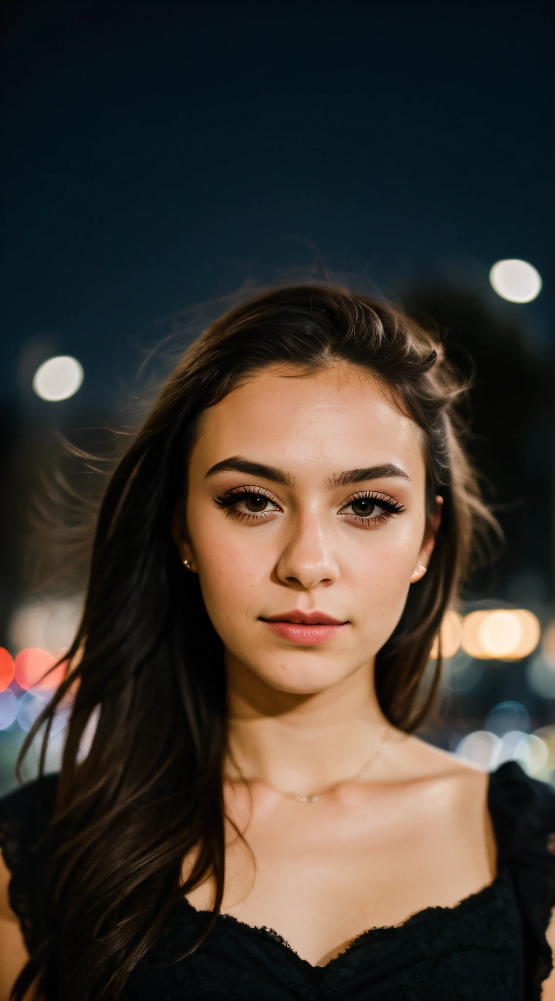 instagram photo, closeup face photo of  a young french in dress, beautiful face, makeup, night city street, bokeh, motion blur