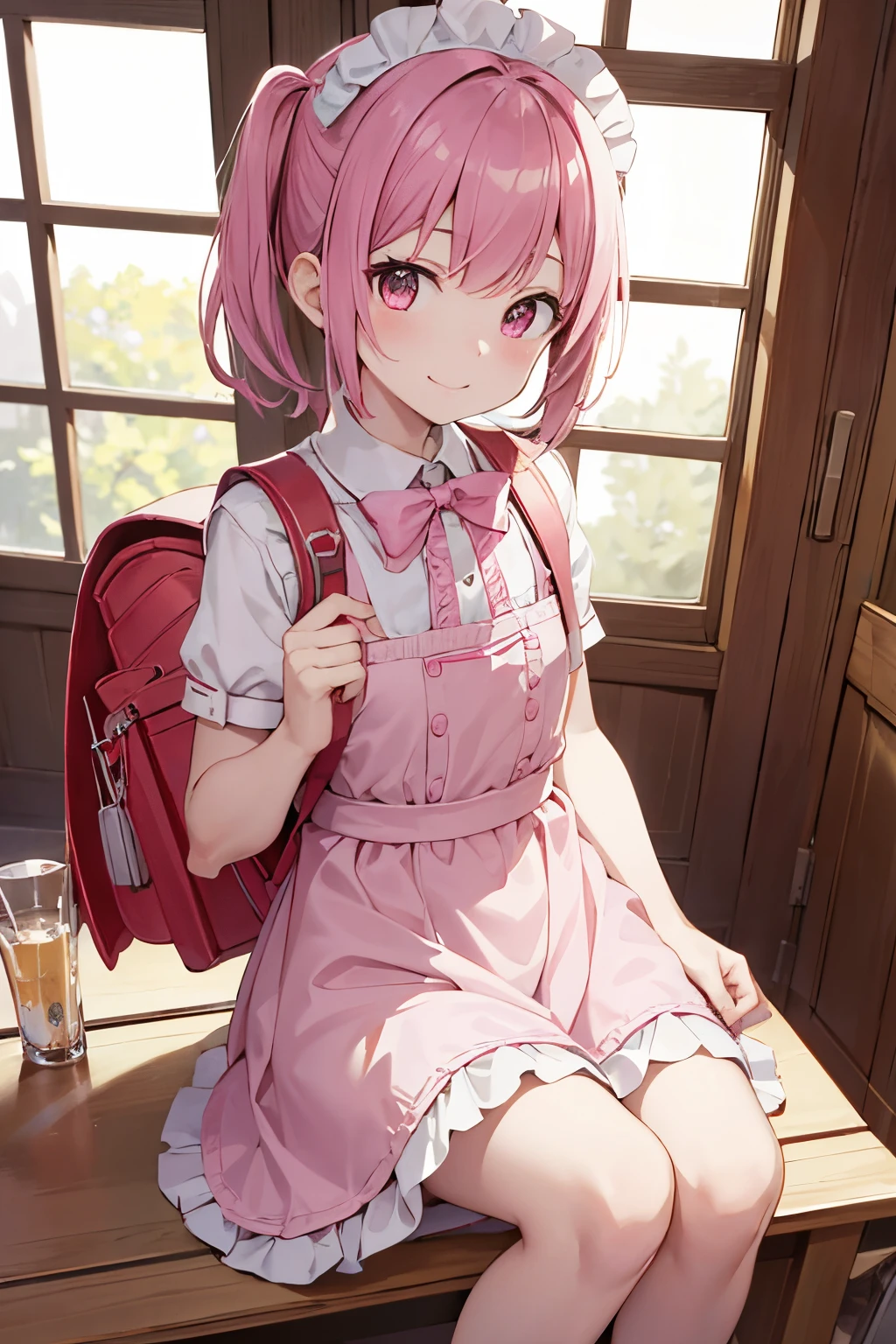 (masutepiece), Best Quality, High resolution, Highly detailed, Detailed background, Perfect Lighting, Indoor, 1girl in, Petite, Looking at Viewer, Petite, Maid Uniform, Adorable smile, Wearing a pink school bag backpack, (Randoseru Backpack:1.0)