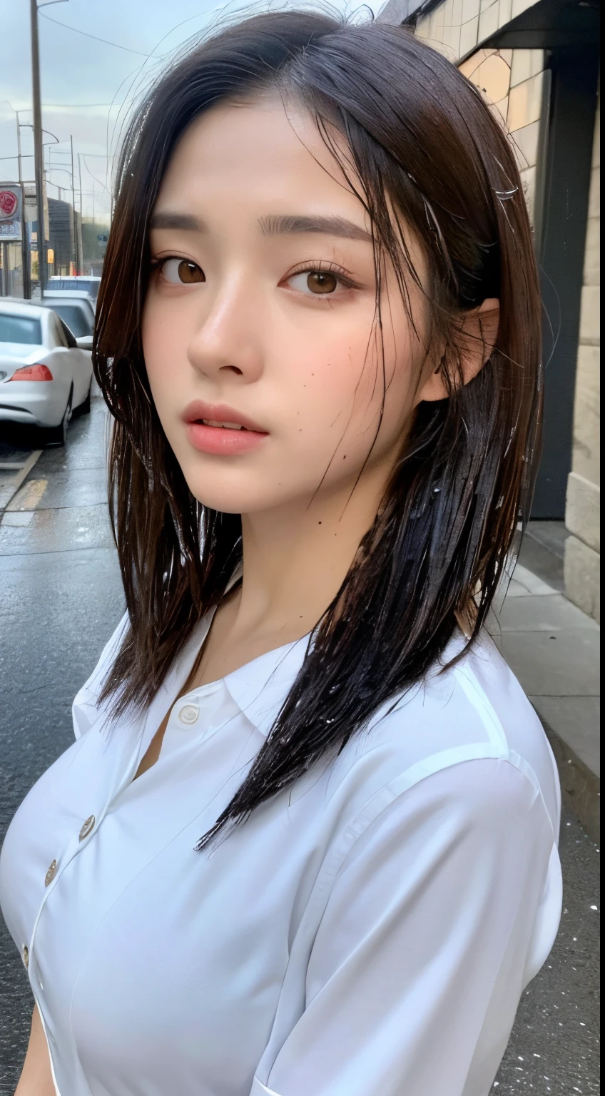 ((Best Quality, 8K, Masterpiece: 1.3)), Sharp: 1.2, Perfect Body Beauty: 1.4, Slim Abs: 1.2, ((Layered Hairstyle, Big Breasts: 1.2)), (Wet White Button Long Shirt: 1.1), (Rain, Street: 1.2), Wet: 1.5, Highly detailed face and skin texture, detailed eyes, double eyelids, side face looking at the camera