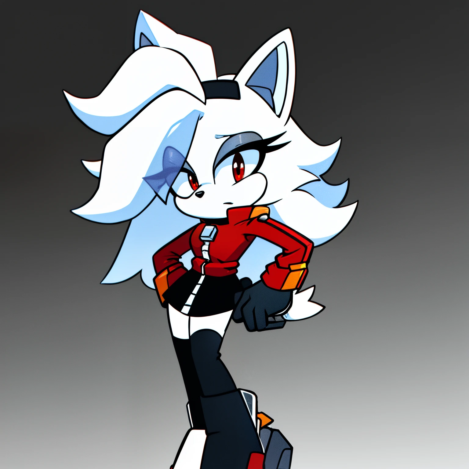 ((1girl)), ((solo)), female, mobian, fox, grayish white fur, furry, standing with crossed legs, one hand on hip, eggmaam outfit, eggmaam cosplay, skirt, thighhighs, gloves, red jacket, black thighhighs, white gloves, black skirt, goggles, ((long grayish white hair)), ((long hair)), ((hair over shoulders)), red eyes, cat like muzzle, hair bangs, red eyes, blank expression, looking at viewer, (background: cartoon futuristic laboratory), (best quality)