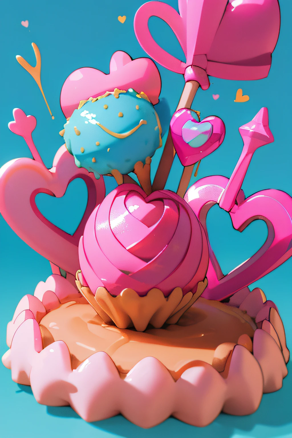 make a 3d background with many 3d objects, exemplo...brigadeiro, latinha de refrigerante, Heart, beijos, batom... in pink and blue, yellow...using pink predominantly.
