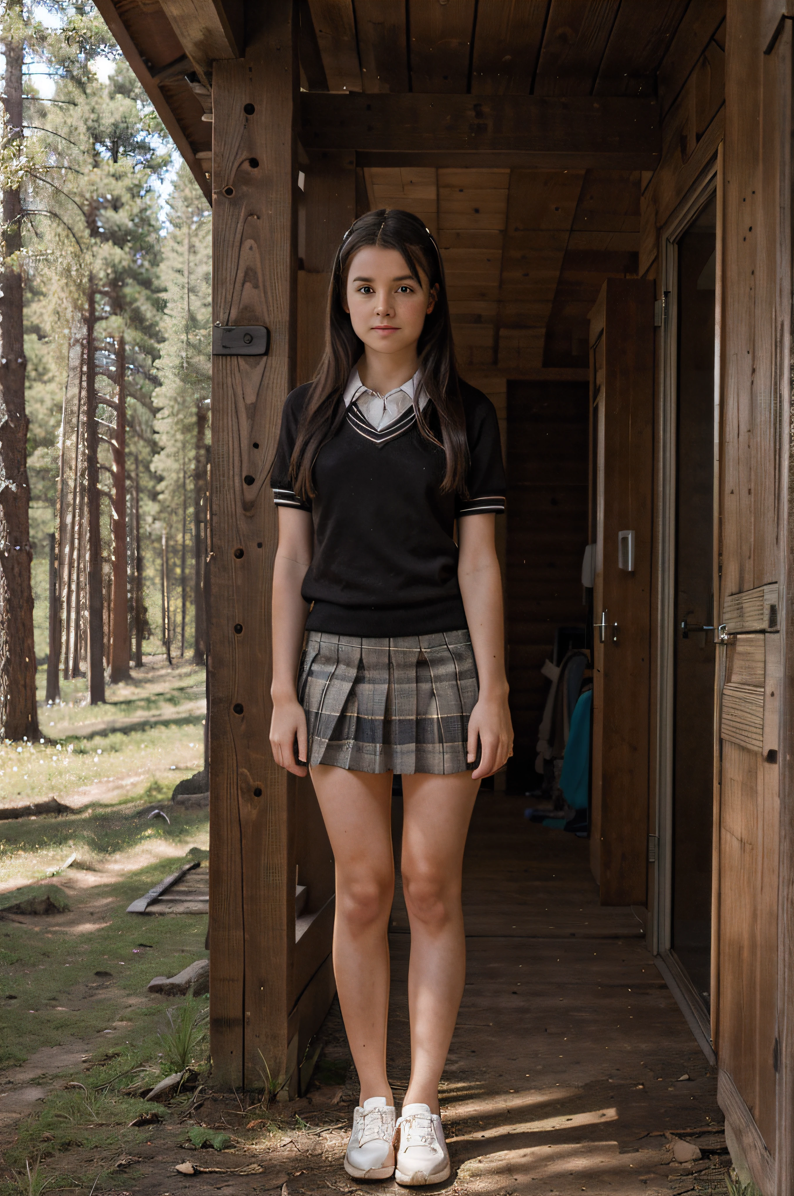 young girl, bare legs, short skirt, woods, forest, cabin