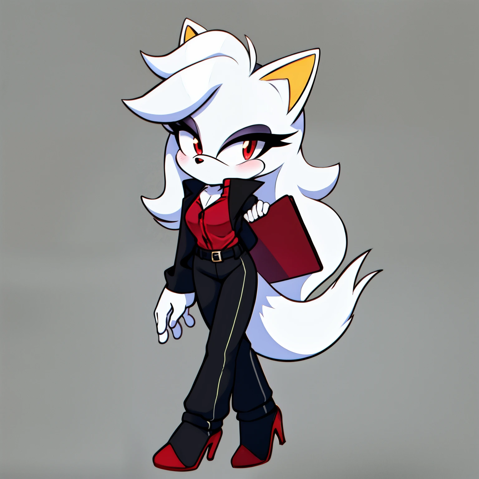 ((1girl)), ((solo)), female, mobian, fox, grayish white fur, furry, standing with crossed legs, red blouse, open black business jacket over the red blouse, black pants, belt around the waist, red high heels, ((long grayish white hair)), ((long hair)), ((hair over shoulders)), red eyes, cat like muzzle, hair bangs, red eyes, shy, arms wrapped around a clipboard, looking at viewer, (background comfy looking office), (best quality)