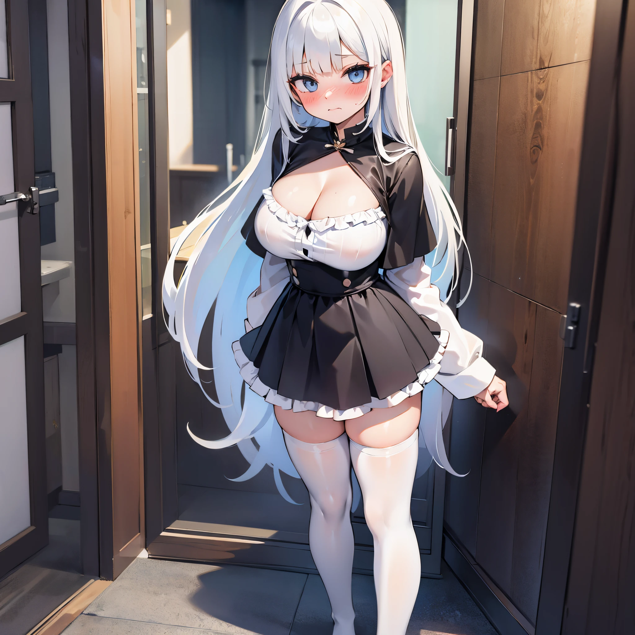 solo 1 thin (cute  girl:1.2) standing, (disproportionately gigantic perky breasts:1.3), (cleavage:1.3), (frilled white shirts with open chest wide), BREAK, large cute eyes, loli fe, BREAK, (thin long legs:1.2), too thin waist, arms behind back, BREAK, (absurdly long white straight hair:1.3), blunt bangs, BREAK, (long black thighhighs:1.4), BREAK, short black capelet, (short black high-waist skirt:1.2) cinches waist tight, BREAK, looking at viewer, (nose blush:1.2), full body, landscape