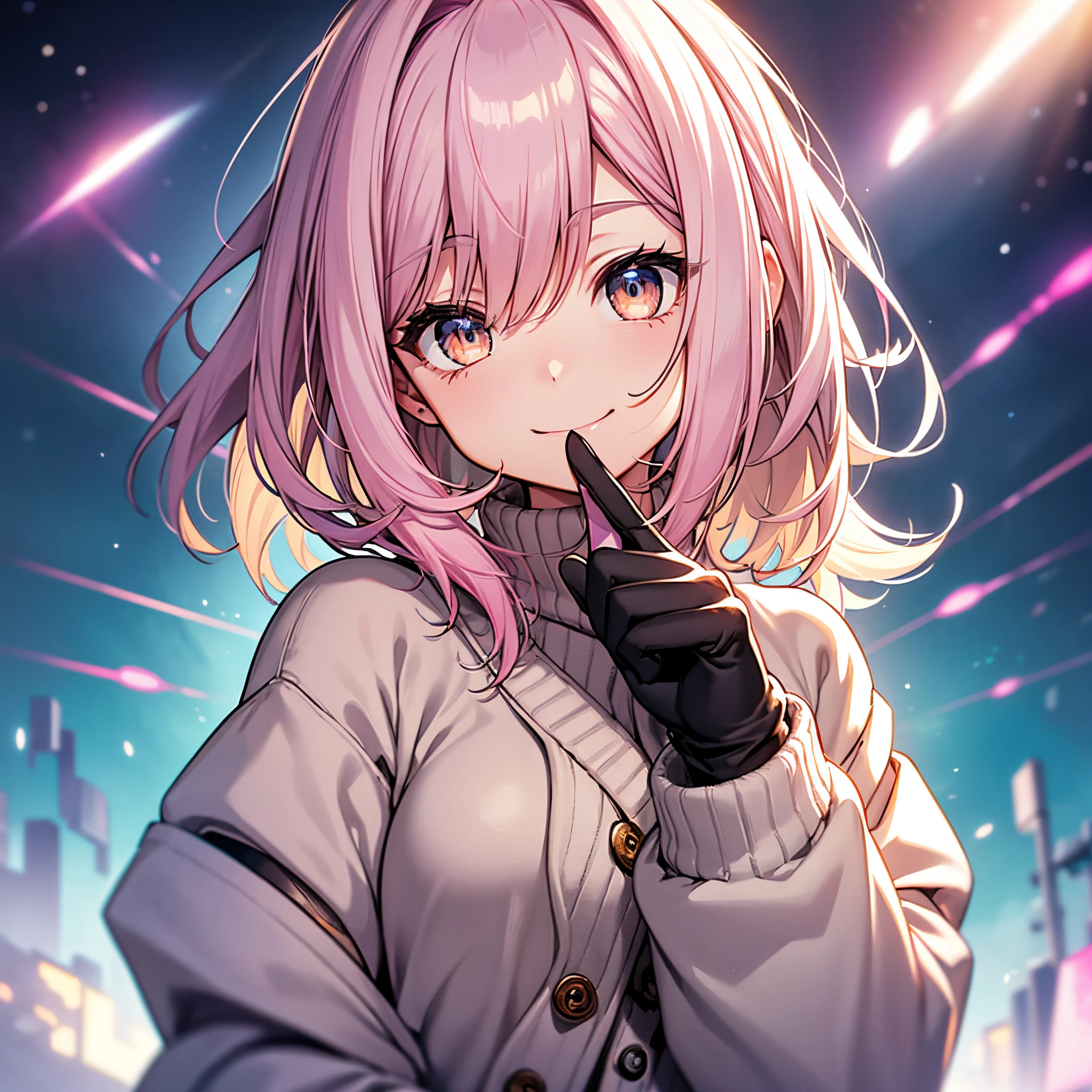 one girls(Pink hair、amber eyes、amber eyes、a short bob、Enlarged depiction of the upper body、masutepiece、超A high resolution、No background, thin、Smile and signal、Smile with your mouth wide open、Cute smile、Detailed limb depiction、)
、pastel color sweatshirt、
Vivid neon background、
beautiful night scene、
cosmic background、snowscape、Large cardigan、fluffy gloves、fluffy muffler、