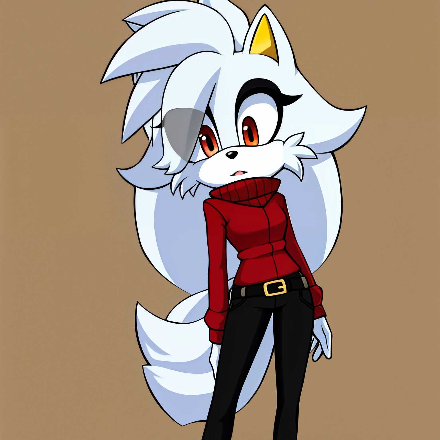 ((1girl)), ((solo)), female, mobian, fox, grayish white fur, furry, standing with crossed legs, red blouse, open black business jacket over the red blouse, black pants, belt around the waist, red high heels, ((long grayish white hair)), ((long hair)), ((hair over shoulders)), red eyes, cat like muzzle, hair bangs, red eyes, shy, arms wrapped around a clipboard, looking at viewer, (background comfy looking office), (best quality)