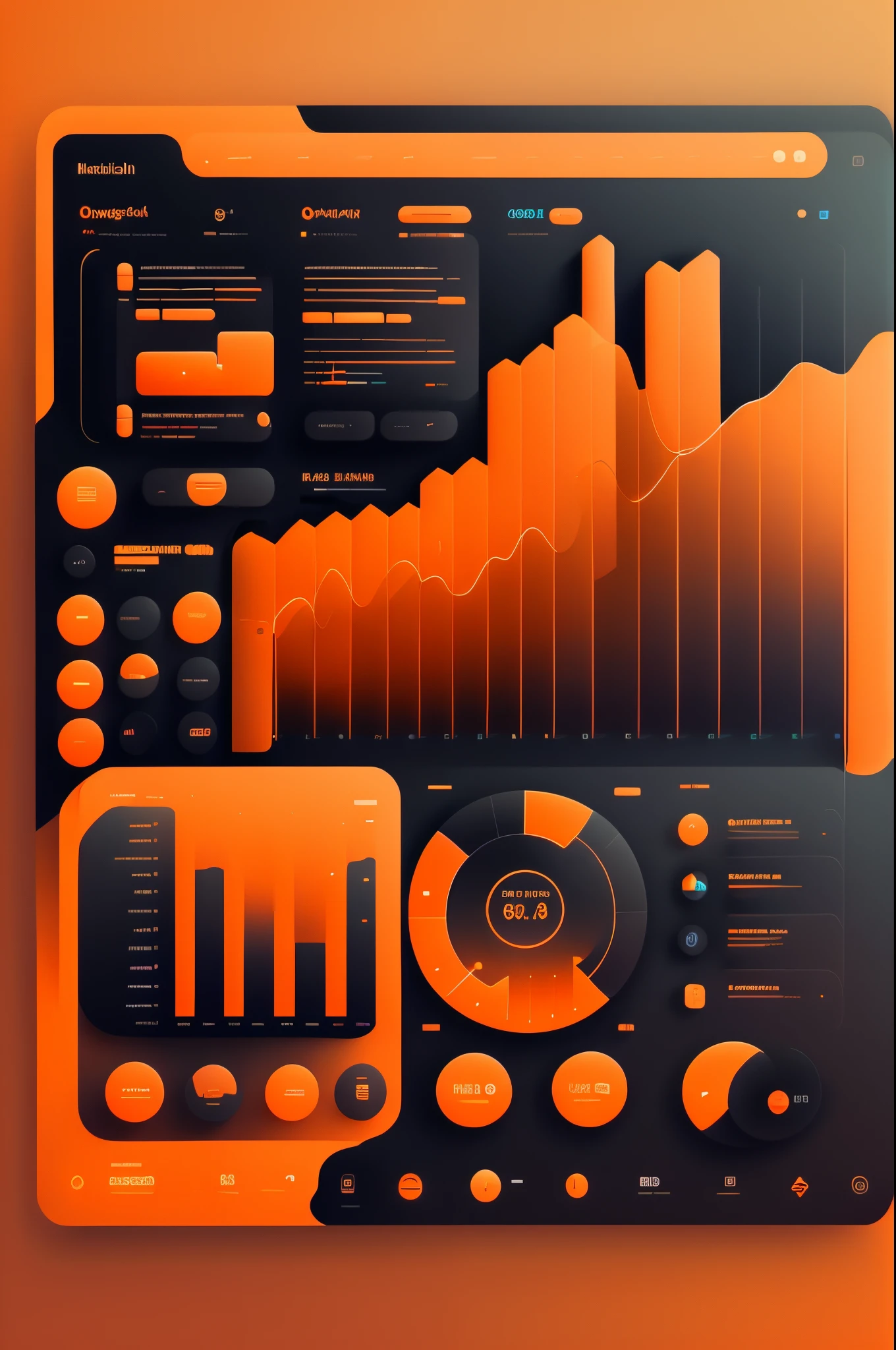 UI Design of a Tech Company Dashboard,Landing page, {Dark theme}, {orange}, with Bar and Line Chart, Banner, Data sets, Technology base, Trending Gradient Color on Dribble,Futuristic,, Futuristic, High Resolution, 32K, UHD --auto --s2