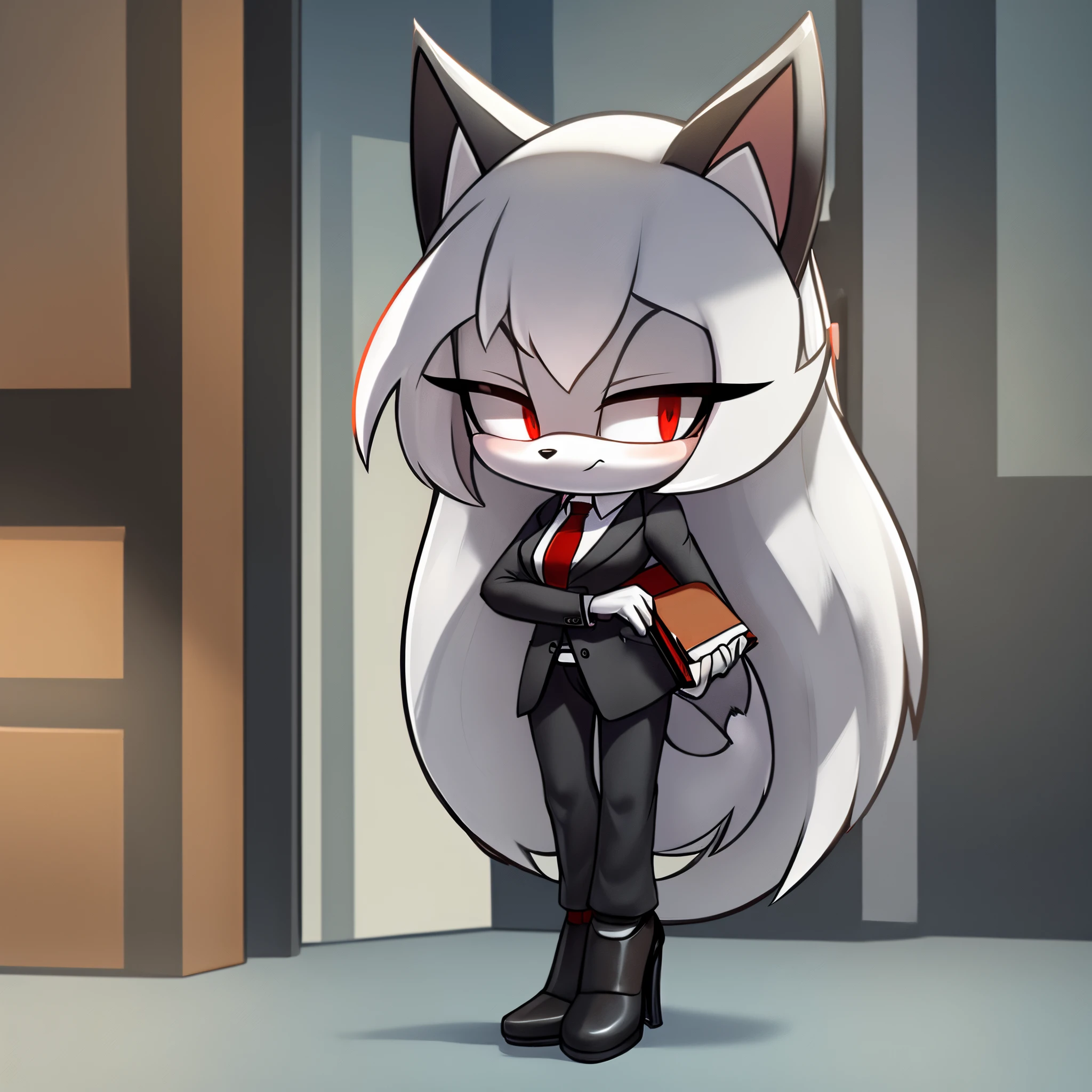 ((1girl)), ((solo)), female, mobian, fox, grayish white fur, furry, standing with crossed legs, red top, black business jacket, black pants, tactical belt around the waist, red high heels, ((long grayish white hair)), ((long hair)), ((hair over shoulders)), red eyes, cat like muzzle, hair bangs, red eyes, shy, arms wrapped around a clipboard, looking at viewer, (background comfy looking office), (best quality)