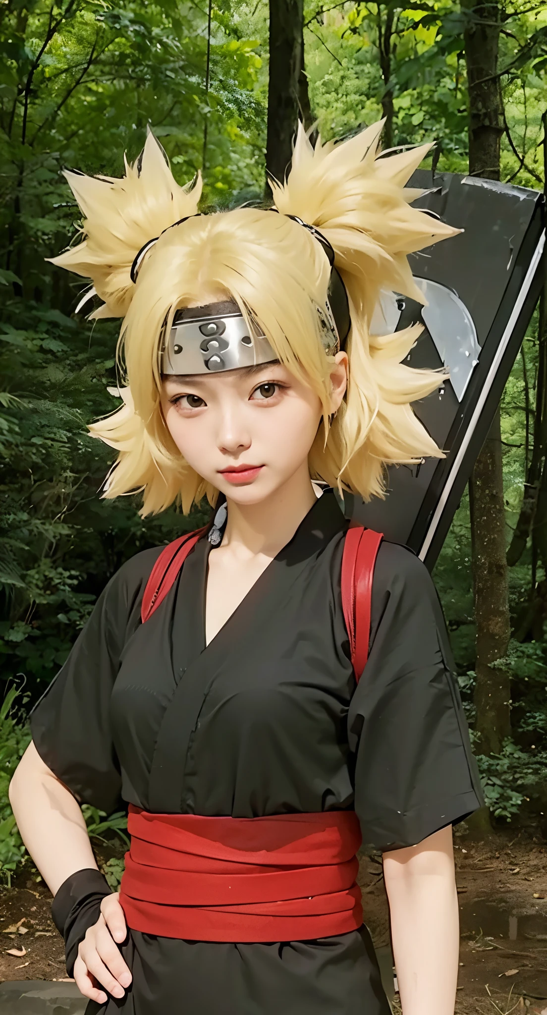 Real life adaption of this character , Japanese beauty face , realistic same spiky hair , realistic same ninja headband with iron plate in the middle of headband, there is a big thing In her back ,(realistic same outfit), realistic background , realistic light, realistic shadow, realism, hyper realistic,(photorealistic:1.2), normal small eyes,