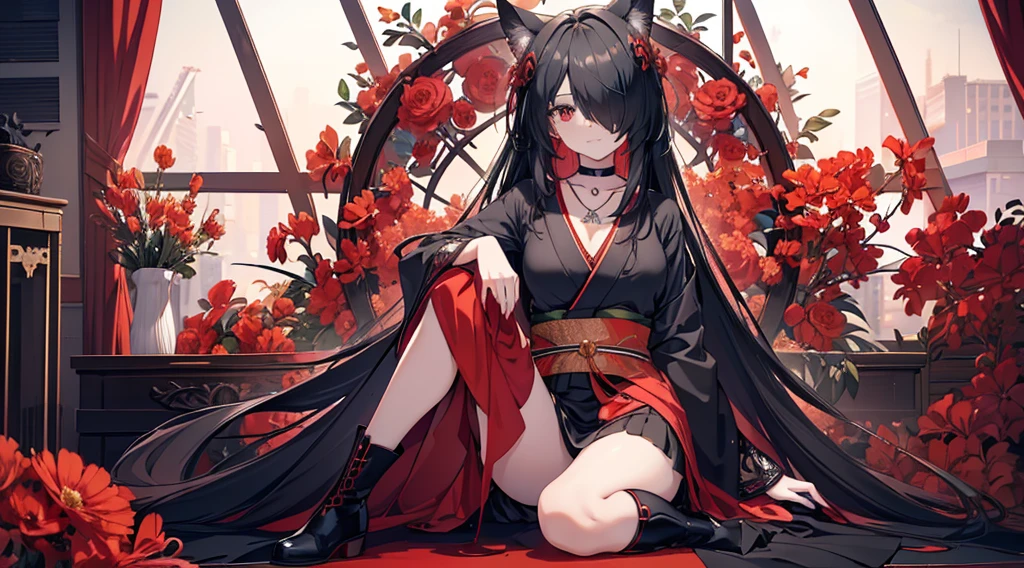 (extremely detailed CG unity 8k wallpaper), (((ultra-detailed))), ((extremely detailed)), (((best illustration))), best illumination, ((extremely delicate and beautiful)), ((an extremely delicate and beautiful girl)), colorful, lycoris radiata, (manjusaka:1.1), red flower field, (((colorful flowers))), ((1 girl, solo)), {{finely detailed beautiful eyes and detailed face}}, expressionless, sad smile, long hair, (((black hair))), straight bangs, (hair over one eye:1.5) , hair over right eye:0.9, hair over ears:0.9, red eyes, empty eyes, beautiful detailed eyes, mature female, gentle, slender, medium breast, no_human_ear, (black red fox ears), (black red fox tail), (((intricate details))), (Black and red knee-length kimono dress), medium height black boots, ((black choker with red pendent)), manjusaka/lycoris radiata birthmark on the neck, sitting, bishoujo, 19_years_old