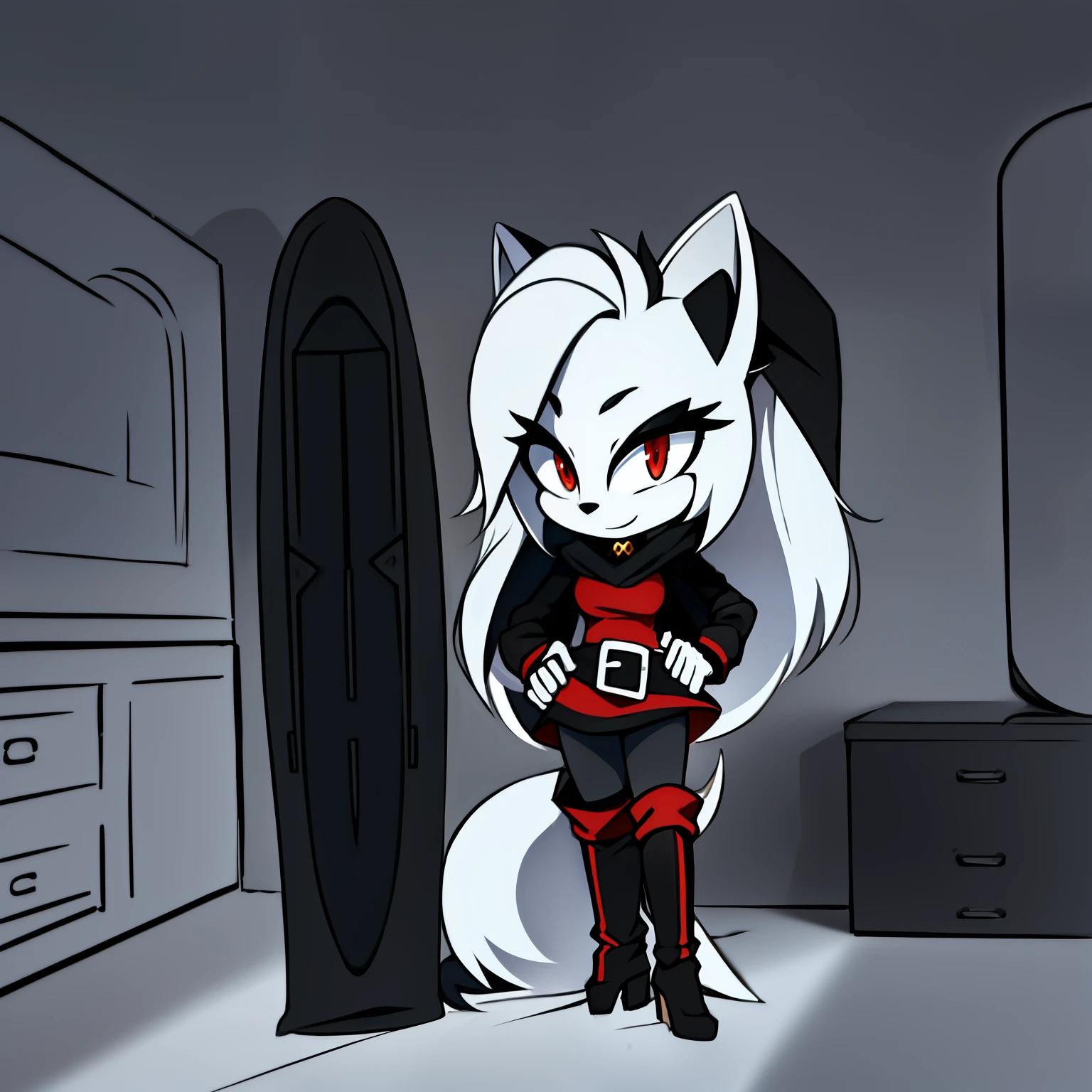 ((1girl)), ((solo)), female, mobian, fox, grayish white fur, furry, standing with crossed legs, black hooded cape, short red dress with black long sleeves, black leggings, white tactical belt around the waist, thigh highs, high heels, boots, ((long grayish white hair)), ((long hair)), ((hair over shoulders)), red eyes, cat like muzzle, hair bangs, red eyes, smile, looking at viewer, (background comfy looking bedroom), (best quality)