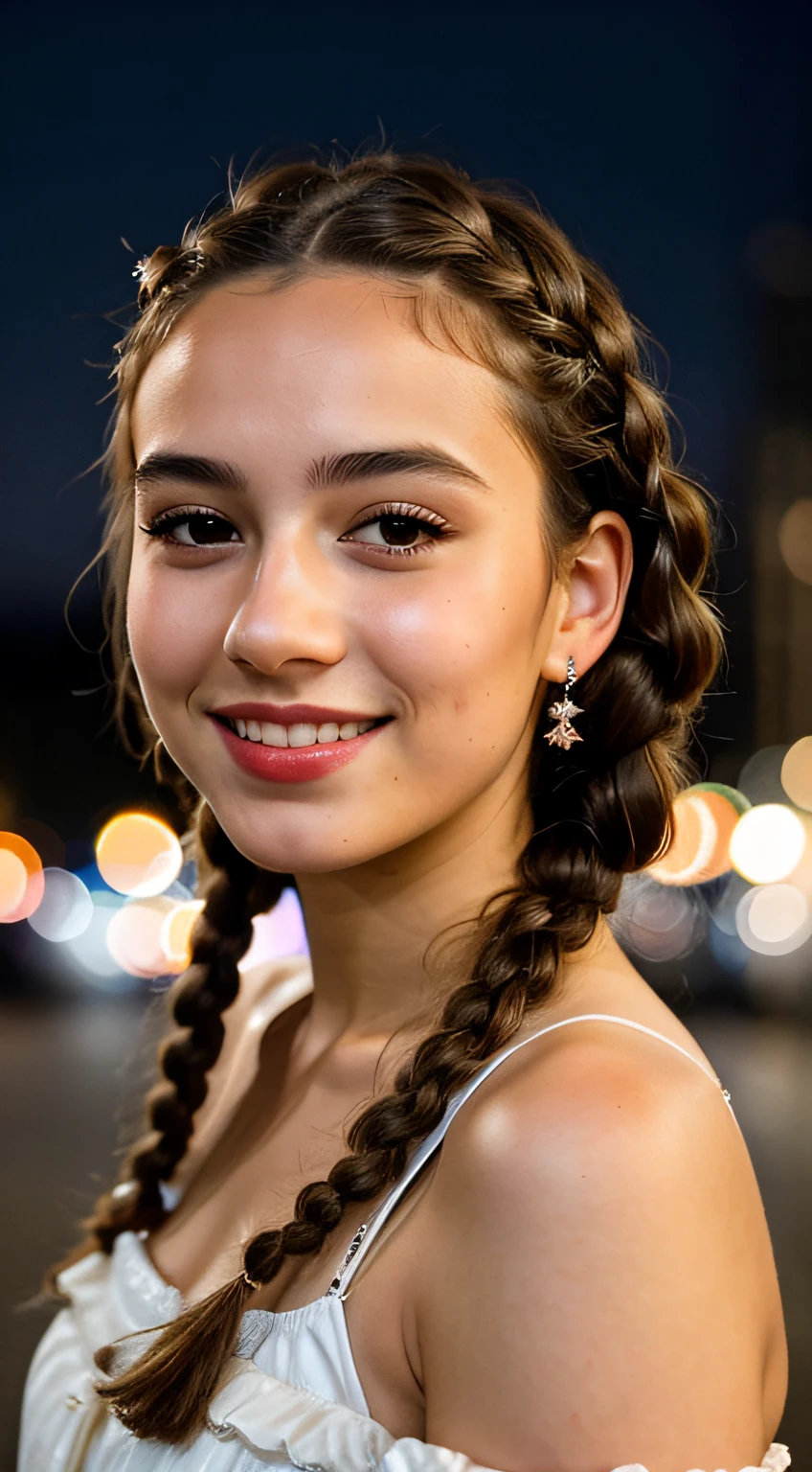 instagram photo, Close up portrait of a young French man in a dress。, Beautiful face, makeup, Night City Street, Bokeh, Motion Blur、Smiling eyes、Curly hair with thick braids、((Body Portrait))、(full-body view)