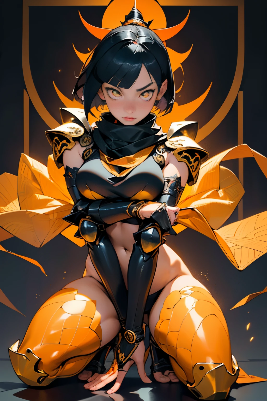 [Shinjuku background at night],(HENTAI ANIME) (Japanese NINJA Girl (Beauty)  student) petite and muscular [Slim & fit body], Short Bob Cut,([hornet] Orange Ninja Battle Armor) scarf [stall] ((Fitting rubber inner) [honeycomb] [edg]) hair adornments (Dull metallic luster:0.8),gravure [KUNOICHI],(Perfectly proportioned),Ideal color coordination),(Intricate and beautiful decoration (Dense detail)),[Perfect hand details],(Beautiful perfect face, yellow eyes, yellow irises, [Perfect eye details, [Full body like], fit thighs, thigh gap,[[Desaturation]].