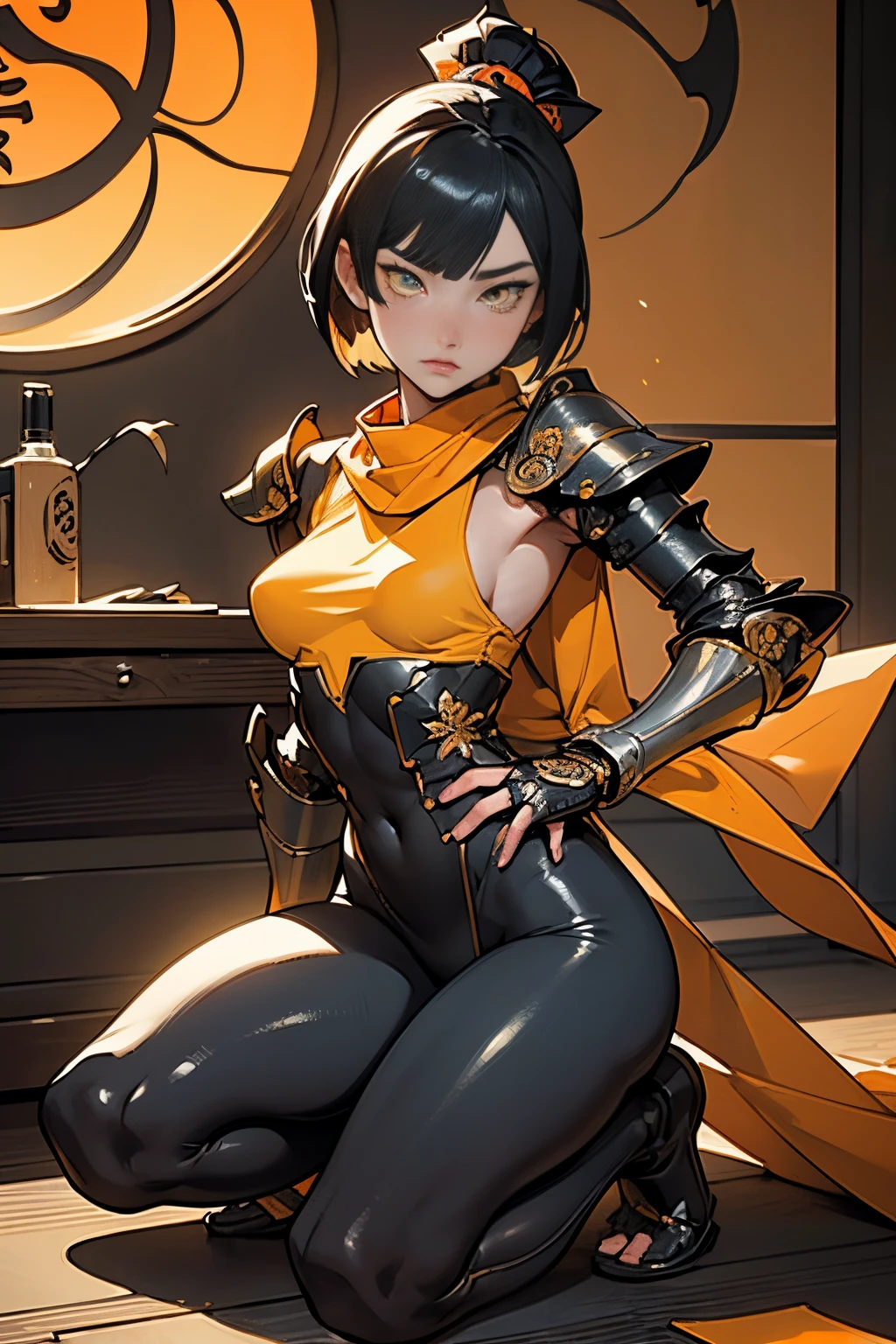 [Shinjuku background at night],(HENTAI ANIME) (Japanese NINJA Girl (Beauty) ) petite and muscular [Slim & fit body], Short Bob Cut,([hornet] Orange Ninja Battle Armor) scarf [stall] ((Fitting rubber inner) [honeycomb] [edg]) hair adornments (Dull metallic luster:0.8),gravure [KUNOICHI],(Perfectly proportioned),Ideal color coordination),(Intricate and beautiful decoration (Dense detail)),[Perfect hand details],(Beautiful perfect face, yellow eyes, yellow irises, [Perfect eye details, [Full body like], fit thighs, thigh gap,[[Desaturation]].