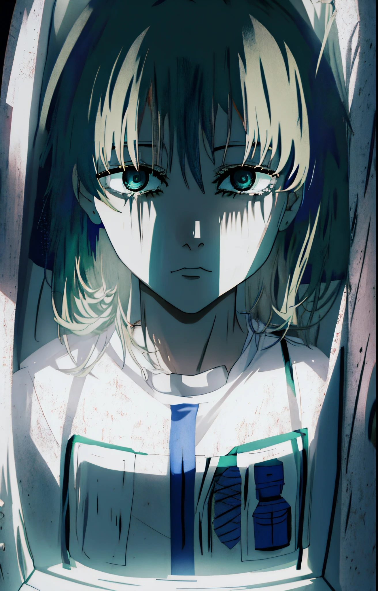 garota anime com olhos roxos, looking at camera in dark room,4 k manga wallpaper, manga chainsaw man style
