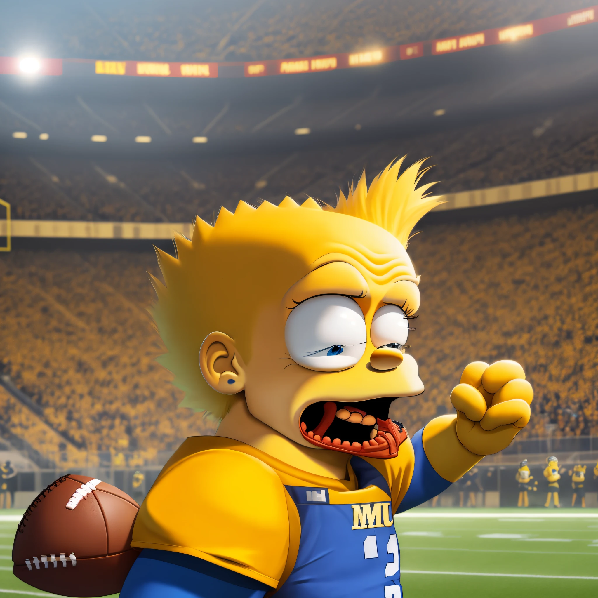 Bart from the simpsons wearing a mizzou jersey on a football field