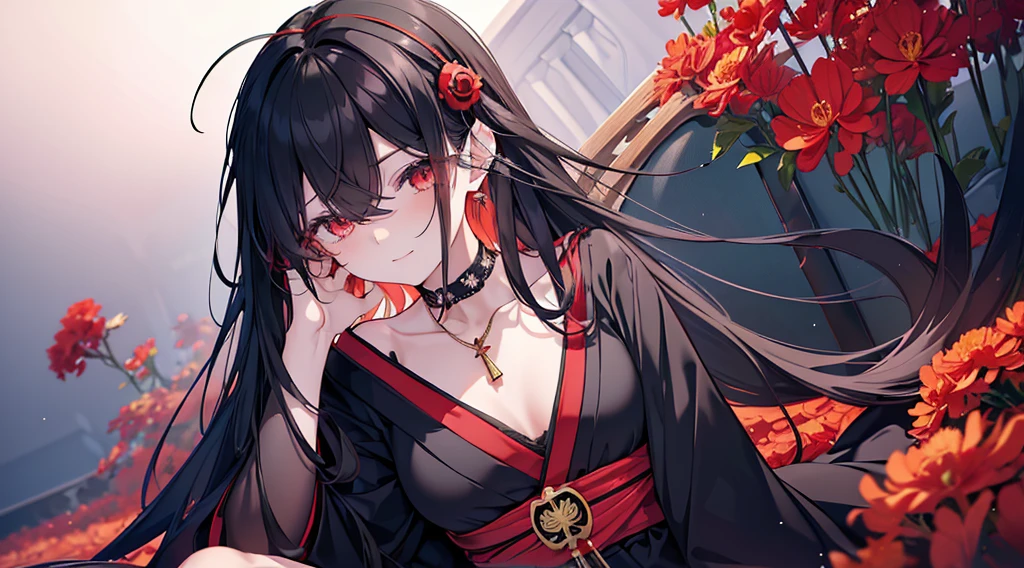 (extremely detailed CG unity 8k wallpaper), (((ultra-detailed))), ((extremely detailed)), (((best illustration))), best illumination, ((extremely delicate and beautiful)), ((an extremely delicate and beautiful girl)), colorful, lycoris radiata, (manjusaka:1.1), red flower field, (((colorful flowers))), ((1 girl, solo)), {{finely detailed beautiful eyes and detailed face}}, expressionless, sad smile, long hair, (((black hair))), straight bangs, (hair over right eye:1.5), (hair over ears:1.9), red eyes, empty eyes, beautiful detailed eyes, mature female, gentle, slender, medium breast, (no_human_ear:1.9), (black red fox ears), (black red fox tail), (((intricate details))), (Black and red knee-length kimono dress), medium height black boots, ((black choker with red pendent)), manjusaka/lycoris radiata birthmark on the neck, sitting, bishoujo, 19_years_old