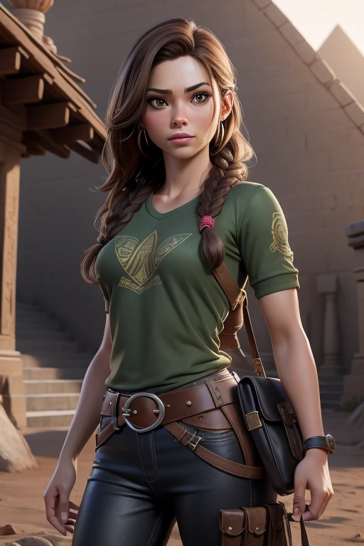 Obra maestra, La mejor calidad, Trabajo de renderizado 3D, Estilo 3DMM, Planta exterior muy muy amplia, ..3D, Kristin Kreuk vestida de Lara Croft, brown hair with a long braid in the back, mirando hacia un lado, Realstic, Egyptian background with pyramid and hieroglyphs, Mirando hacia otro lado, labios separados, Impresionantes ojos verdes, Green t-shirt with a dragon drawn on it. Belt with 2 revolver holders for your 2 Colts 45 strike Eagle, Zapatos grandes para caminar