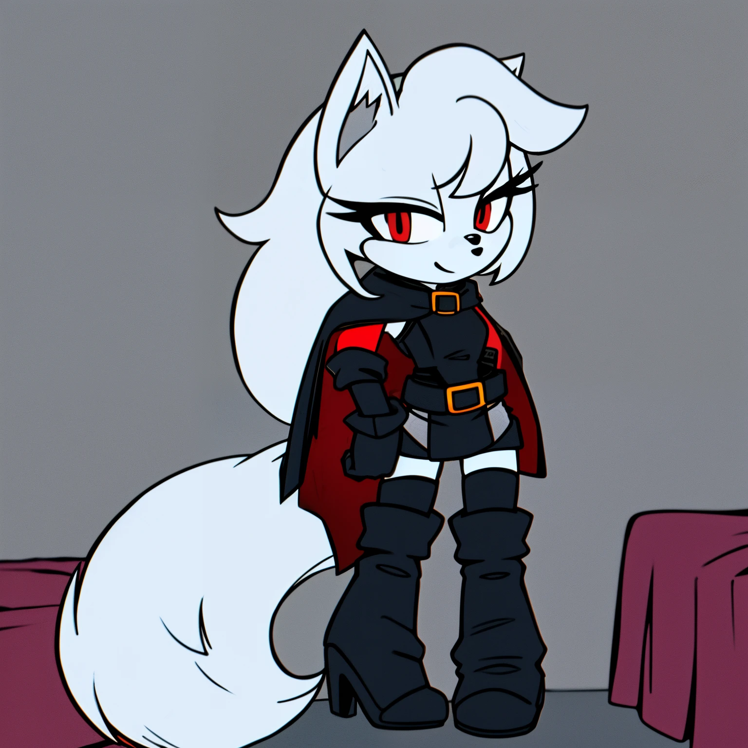 ((1girl)), ((solo)), female, mobian, fox, grayish white fur, furry, standing with crossed legs, black hooded cape, short red dress with black long sleeves, black leggings, white tactical belt around the waist, thigh highs, high heels, boots, ((long grayish white hair)), ((long hair)), ((hair over shoulders)), red eyes, cat like muzzle, hair bangs, red eyes, smile, looking at viewer, (background comfy looking bedroom), (best quality)