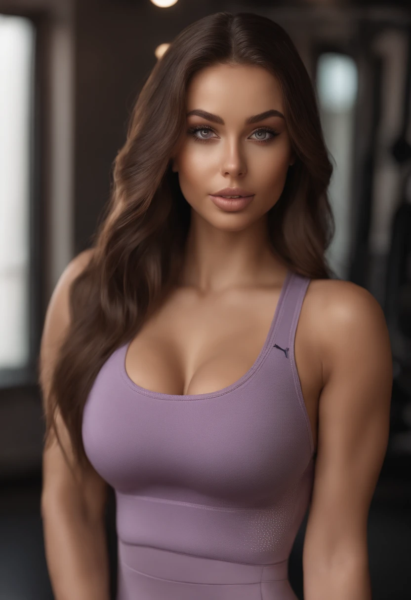 arafed woman wearing workout wear, body shot, sexy girl with light brown, sophie mudd, brown hair and large eyes, super realistic, 4k, violet myers, natural makeup, looking directly at the camera, face with artgram, subtle makeup, cute girl, sexy pose, brunette goddess, high detail, full body shot, full body,