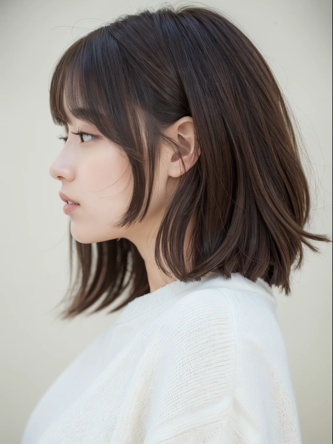 top-quality、masterpiece、hight resolution、1girl in、独奏、Raw photo、Real person、Detailed skin、japanes、Highlight Hair Color、thin bunches of bangs、Medium Hair、layers-Cut、posterior view、fully body photo、Sweatshirt、White Room、white walls、(Winter clothes:1.5)、(Beautiful profile:1.3)、Shot in natural light、Random Poses、Other shots