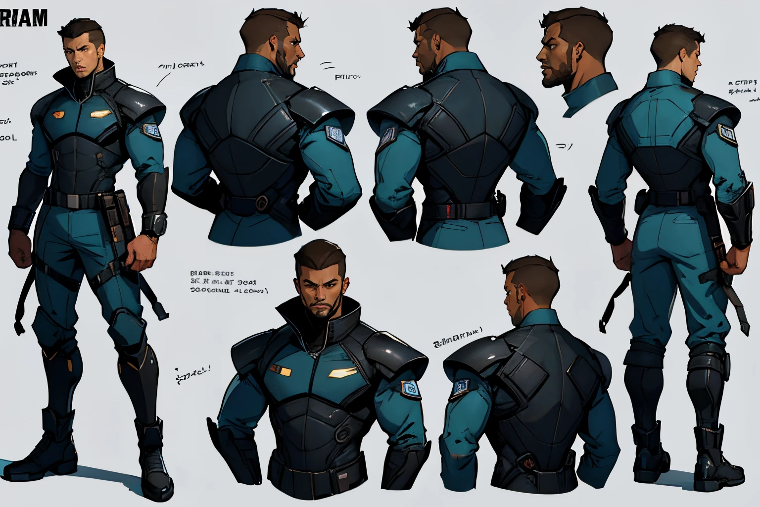 Masterpiece, High quality, ((character concept art)), ((character design sheet, same character))

Man in a sci-fi military outfit, futuristic military armor, XCOM game inspired, XCOM character, dark brown skin, ((broad shoulders)) brooding expression, video game character design, accessories

Expert high detail concept art, comic book style, intricate comic book outline line work, flat colors, concept art, solid background