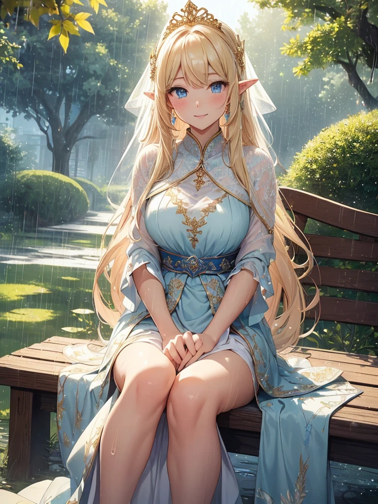 top-quality、Top image quality、​masterpiece、The season is autumn、girl with((20yr old、Best Bust、big bast、Bust 90,Beautiful blue eyes、,Blonde long hair、A slender、Fairy feathers、In beautiful dresses of various colors、a closeup、sit on a bench in the hallway、Gold ring on wrist、beautiful tiara、hiquality、Beautiful Art、Background with((Lots of rain)))masutepiece、visualart、depth of fields、It's raining outside、、　、low angles、A sexy、Elven ears、Feathers glow in iridescent colors、light magic、In the courtyard of a beautiful palace、Big trees、Autumn leaves、Flute melodies🎵、Happy smile、Cloudy sky and rain