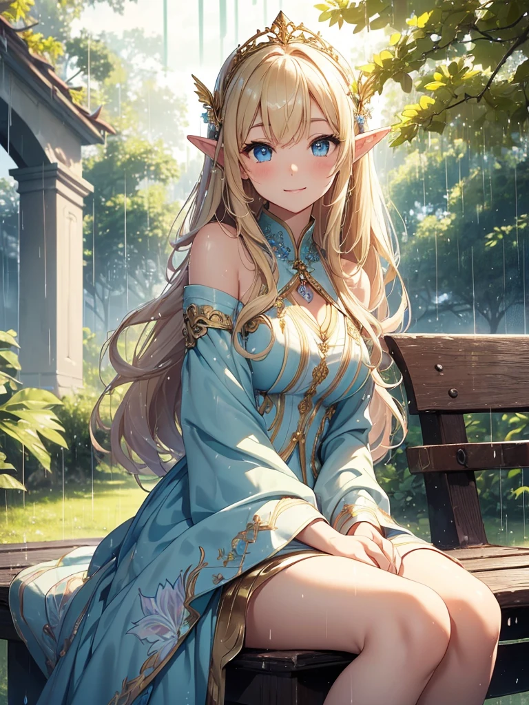 top-quality、Top image quality、masterpiece、The season is autumn、girl with((20yr old、Best Bust、big bast、Bust 90,Beautiful blue eyes、,Blonde long hair、A slender、Fairy feathers、In beautiful dresses of various colors、a closeup、sit on a bench in the hallway、Gold ring on wrist、beautiful tiara、hiquality、Beautiful Art、Background with((Lots of rain)))masutepiece、visualart、depth of fields、It's raining outside、、 、low angles、A sexy、Elven ears、Feathers glow in iridescent colors、light magic、In the courtyard of a beautiful palace、Big trees、Autumn leaves、Flute melodies🎵、Happy smile、Cloudy sky and rain