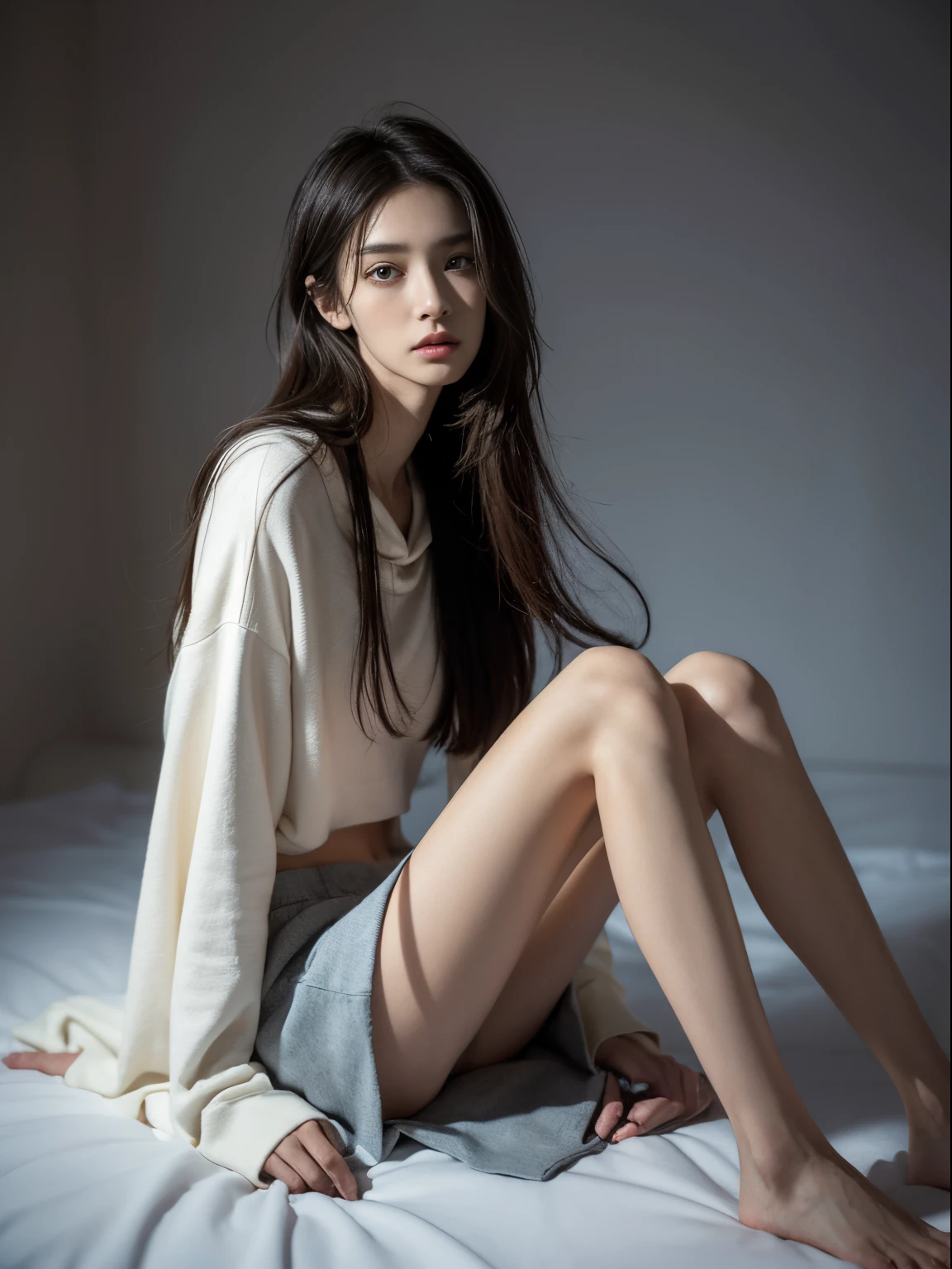(Photorealistic),(Masterpiece),(ultra-detailed),a very pretty tall 20 year old girl who has not eaten for 10 years, extremely thin and frail, arm and legs extremely thin as a stick with no fat, extremely malnourished,big eyes, feeling but enduring extreme hunger(hands on stomach), wearing a loose hoodie and long loose skirt, long hair,big eyes, extremely small face,have no fat,extremely weak,whole body,extremely feeble,sitting,legs and thighs extremely thin as arms,have almost no energy because she is extremely starving and malnourished, struggling to sit up,verge of starving to death,feeling extreme hunger,just skin on bones(have no fat),about to faint of hunger