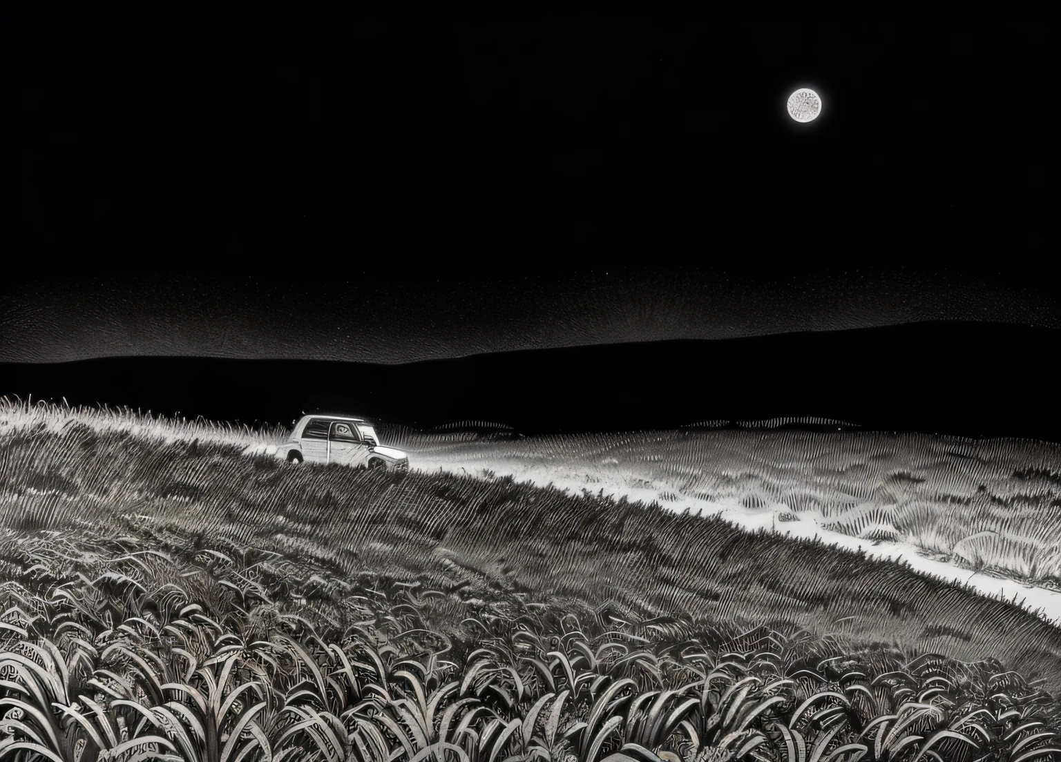 Arafed image of a car driving through a grass field., on an empty moonlit hill, by Karl Pümpin, Douglas Smith, por Joseph Badger, by Witold Pruszkówski, noche, por el Mayor Adler, James R. Eads, by Jürg Kreienbühl