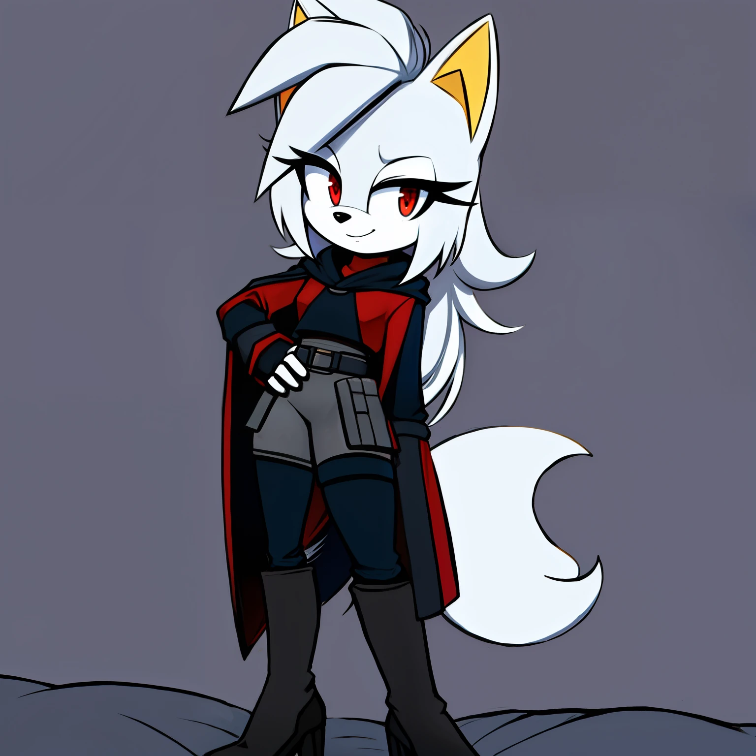 ((1girl)), ((solo)), female, mobian, fox, grayish white fur, furry, standing with crossed legs, black hooded cape, short red dress with black long sleeves, black leggings, white tactical belt around the waist, thigh highs, high heels, boots, ((long grayish white hair)), ((long hair)), ((hair over shoulders)), red eyes, cat like muzzle, hair bangs, red eyes, smile, looking at viewer, (background comfy looking bedroom), (best quality)